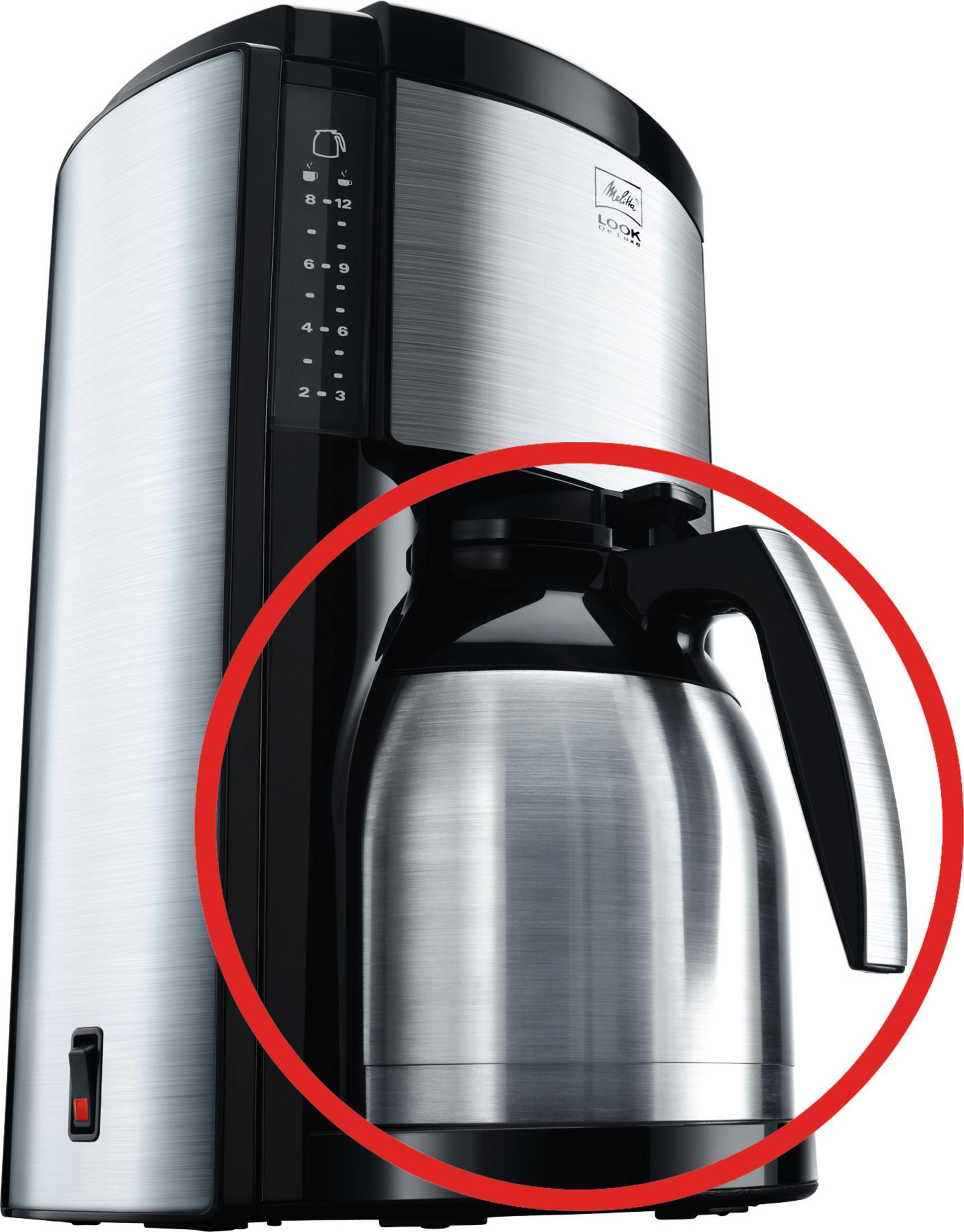Kaffeemaschine mit einer Edelstahlkaraffe. Die Karaffe ist rot umkreist.