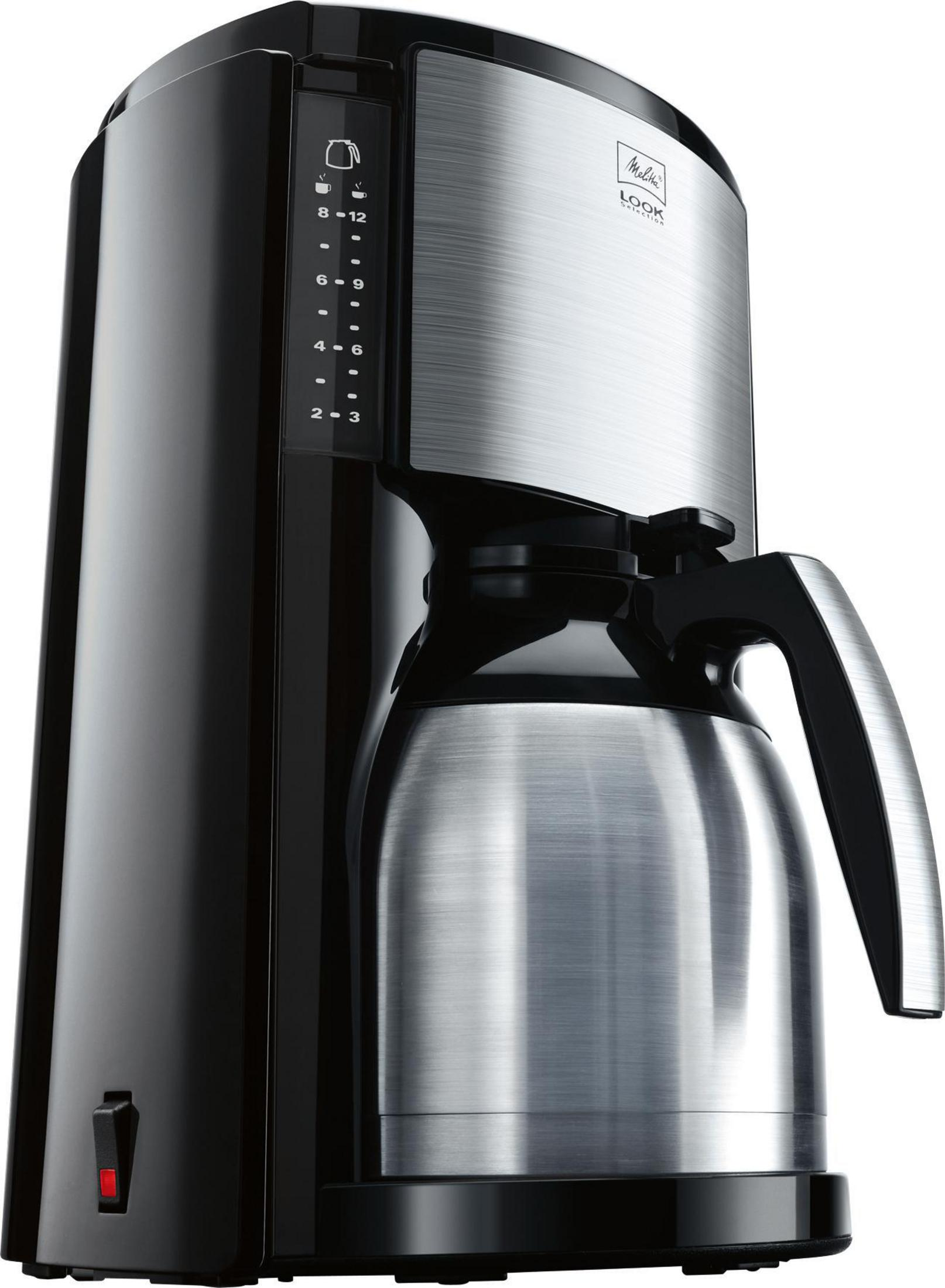 Schwarz-silberfarbene Kaffeemaschine mit Thermokanne. Seite hat Wasserstandsanzeige.