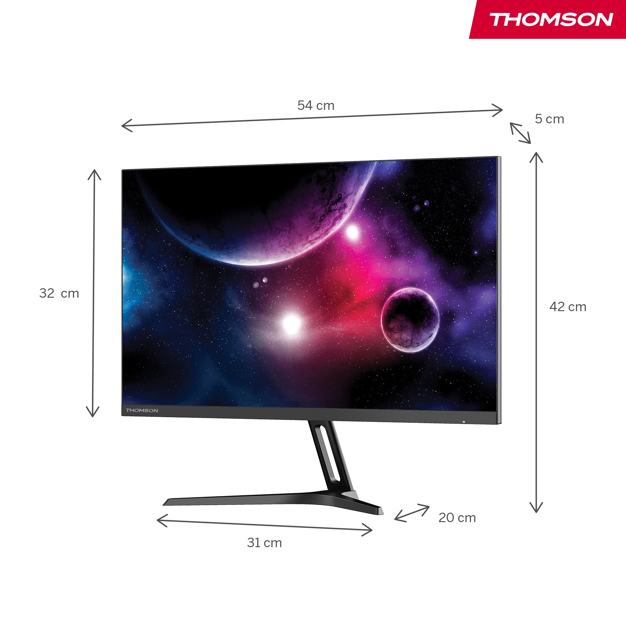 Een Thomson monitor met een sterrenachtergrond. Zwarte standaard, scherm met afmetingen.