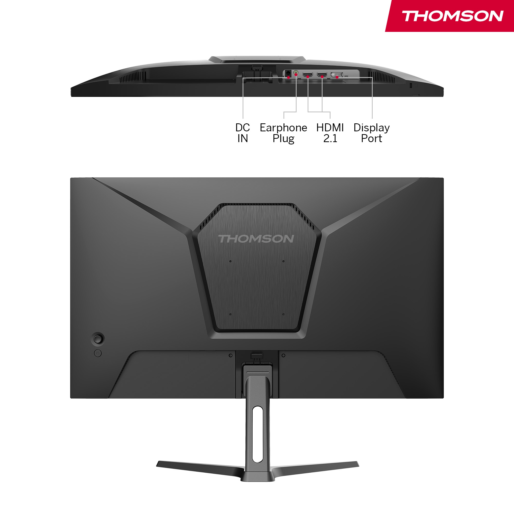 Twee aanzichten van een zwarte monitor, de voor- en achterkant, met aansluitpoorten.