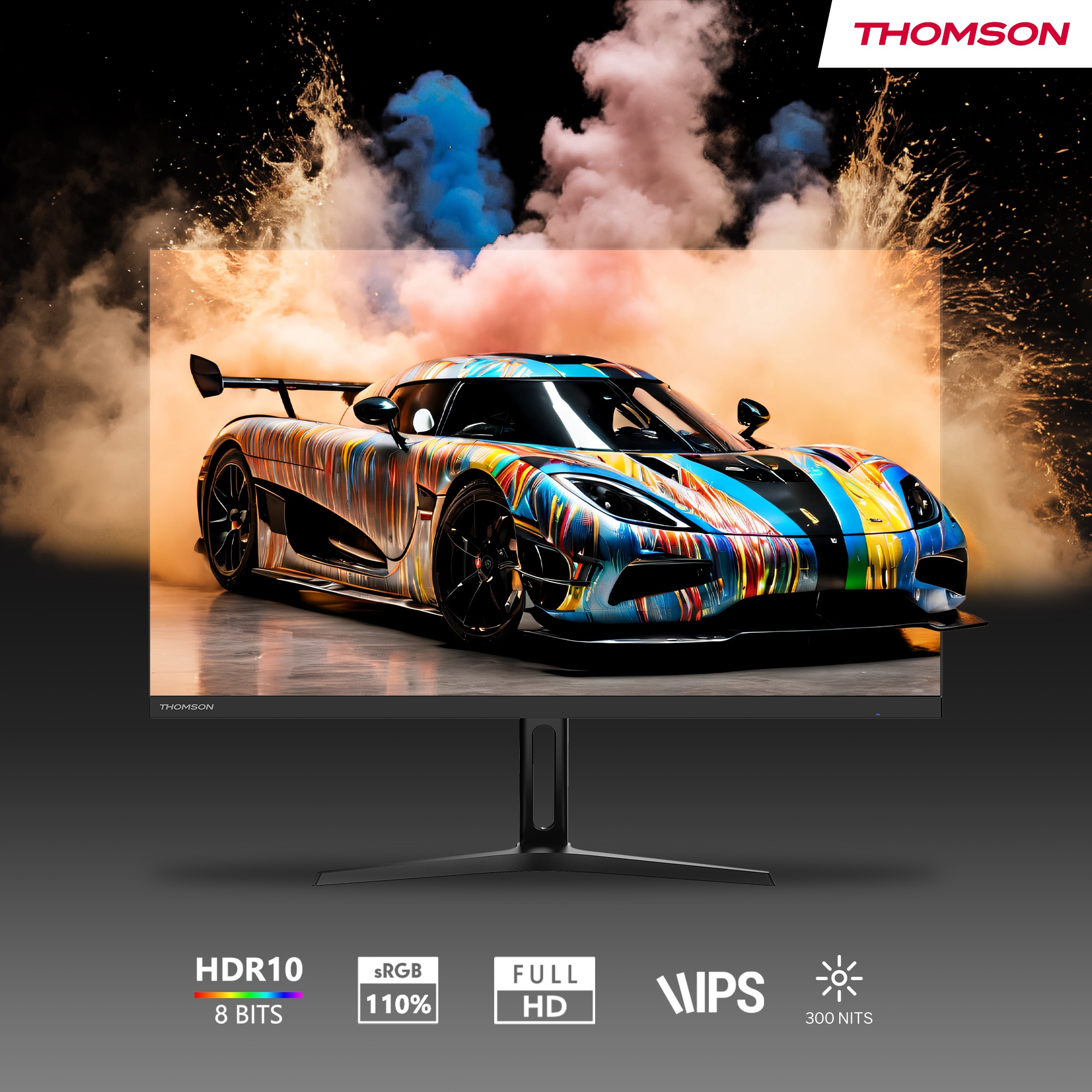 Een zwarte monitor met een kleurrijke auto-afbeelding, met labels HDR10, sRGB en Full HD.