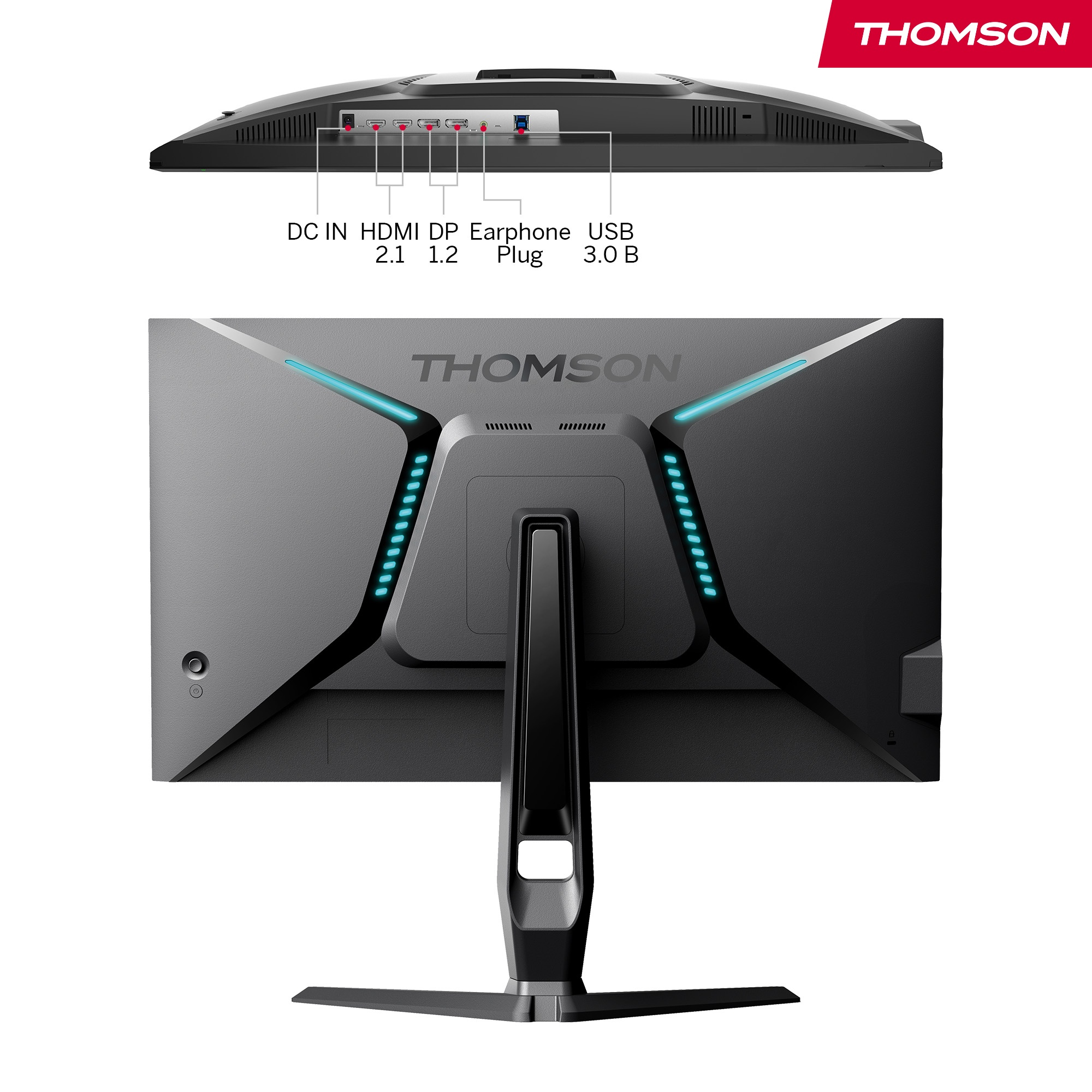 Rückansicht eines Monitors mit Anschlüssen und einem schwarzen Ständer. Thomson-Logo.