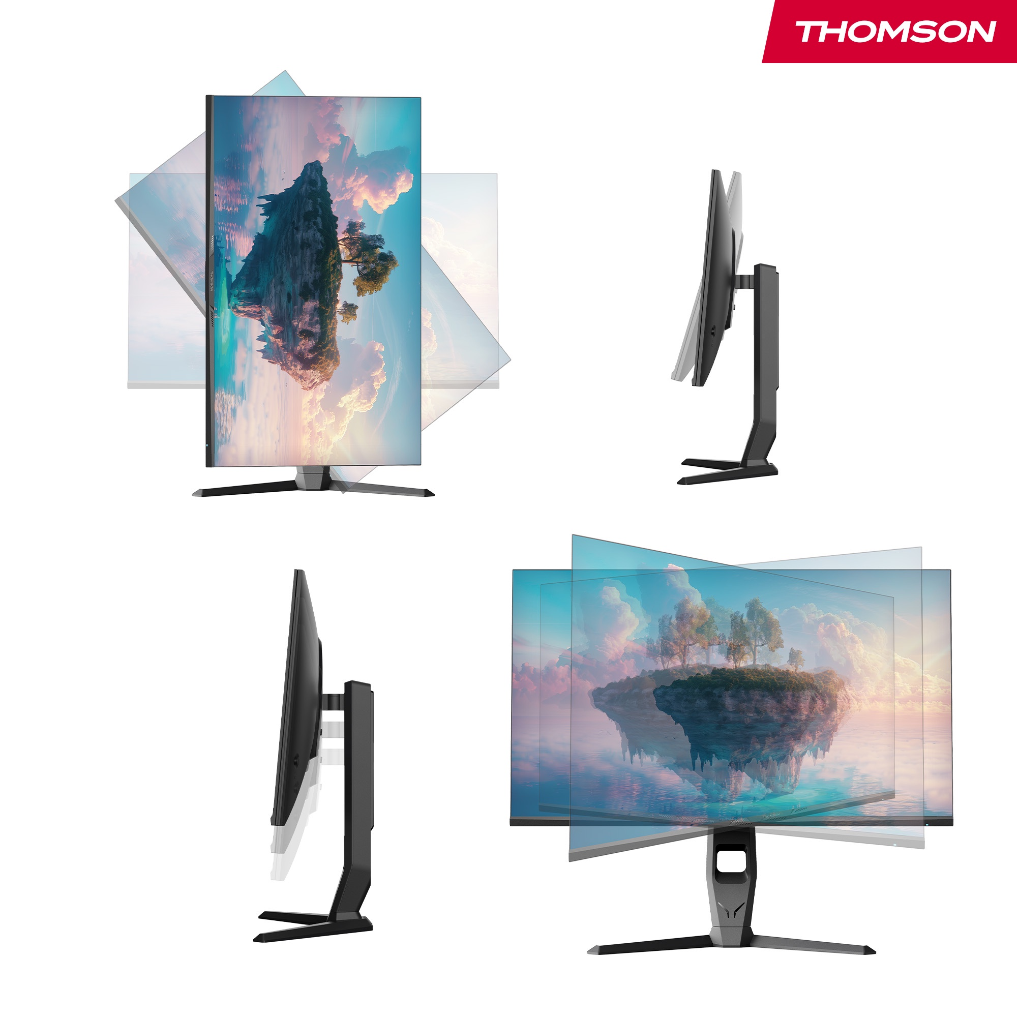 Vier Ansichten eines schwarzen Computermonitors mit kleinem Sockel. Der Monitor zeigt eine Landschaft.