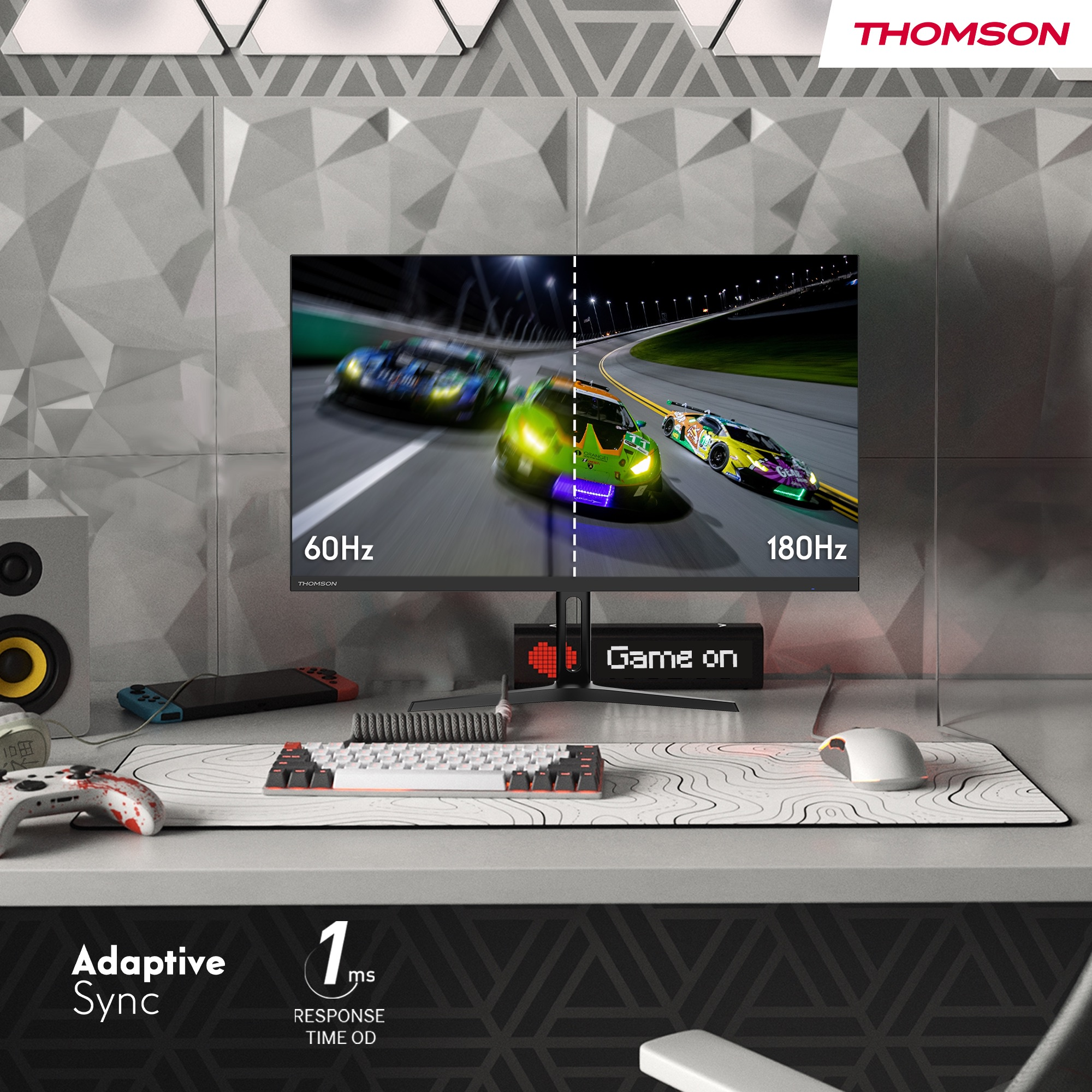 Gaming-opstelling met monitor, toetsenbord, muis en gamepad.