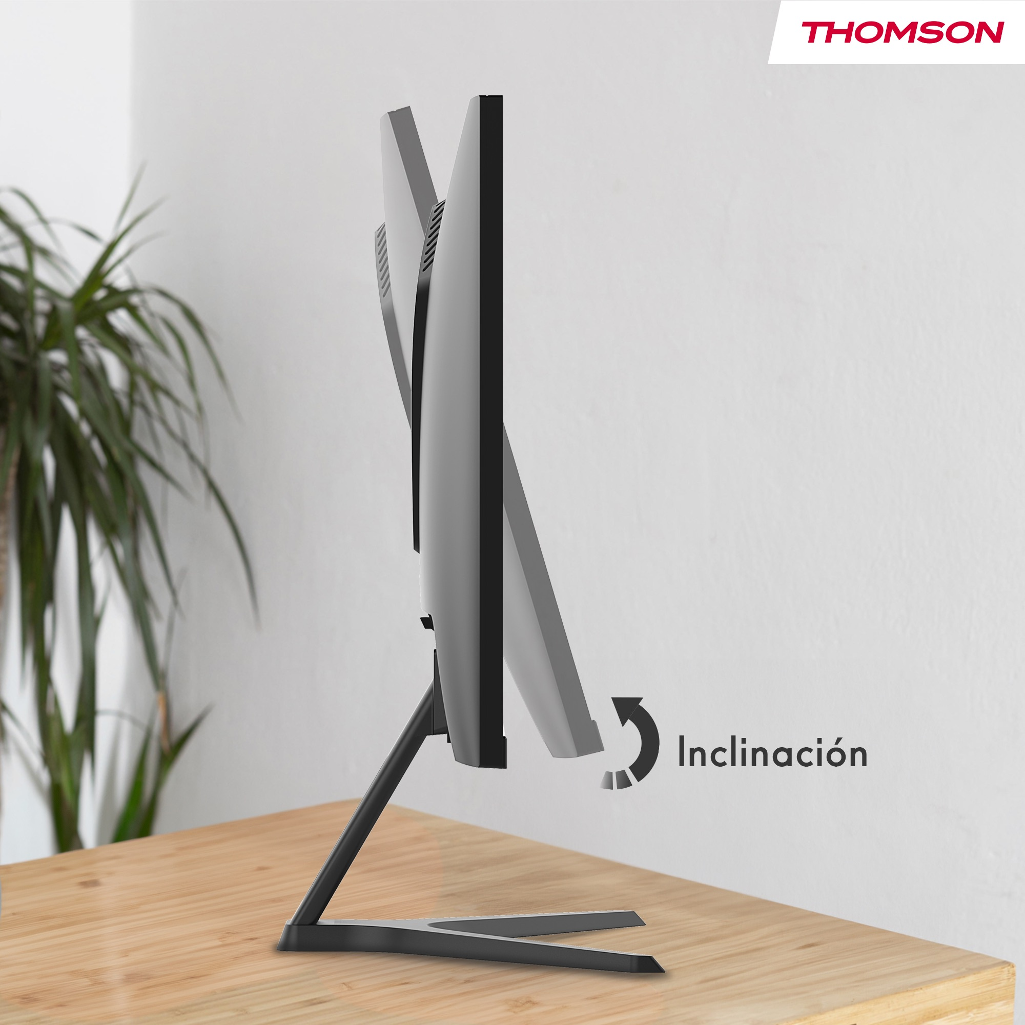 Een computermonitor op een houten tafel. De monitor is gekanteld, met een pijl die de helling aangeeft.
