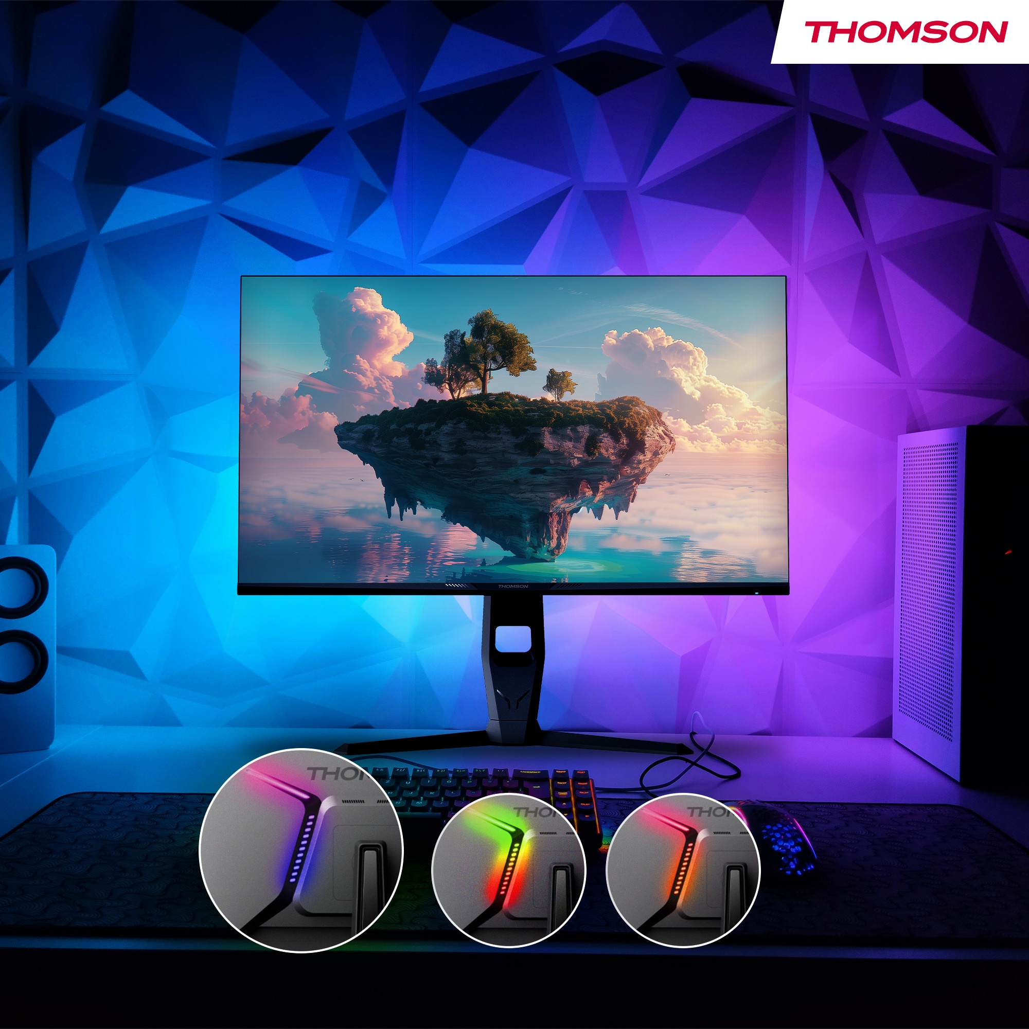 Ein moderner Computermonitor, der eine Landschaft mit einer schwebenden Insel zeigt. Der Monitor hat RGB-Beleuchtung.