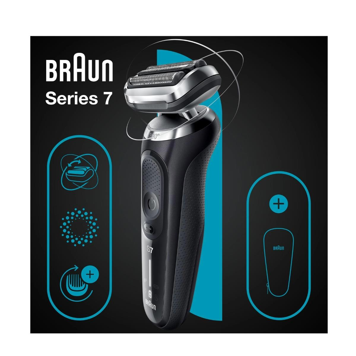 Una afeitadora eléctrica negra y plateada con un elemento de diseño azul sobre fondo negro.