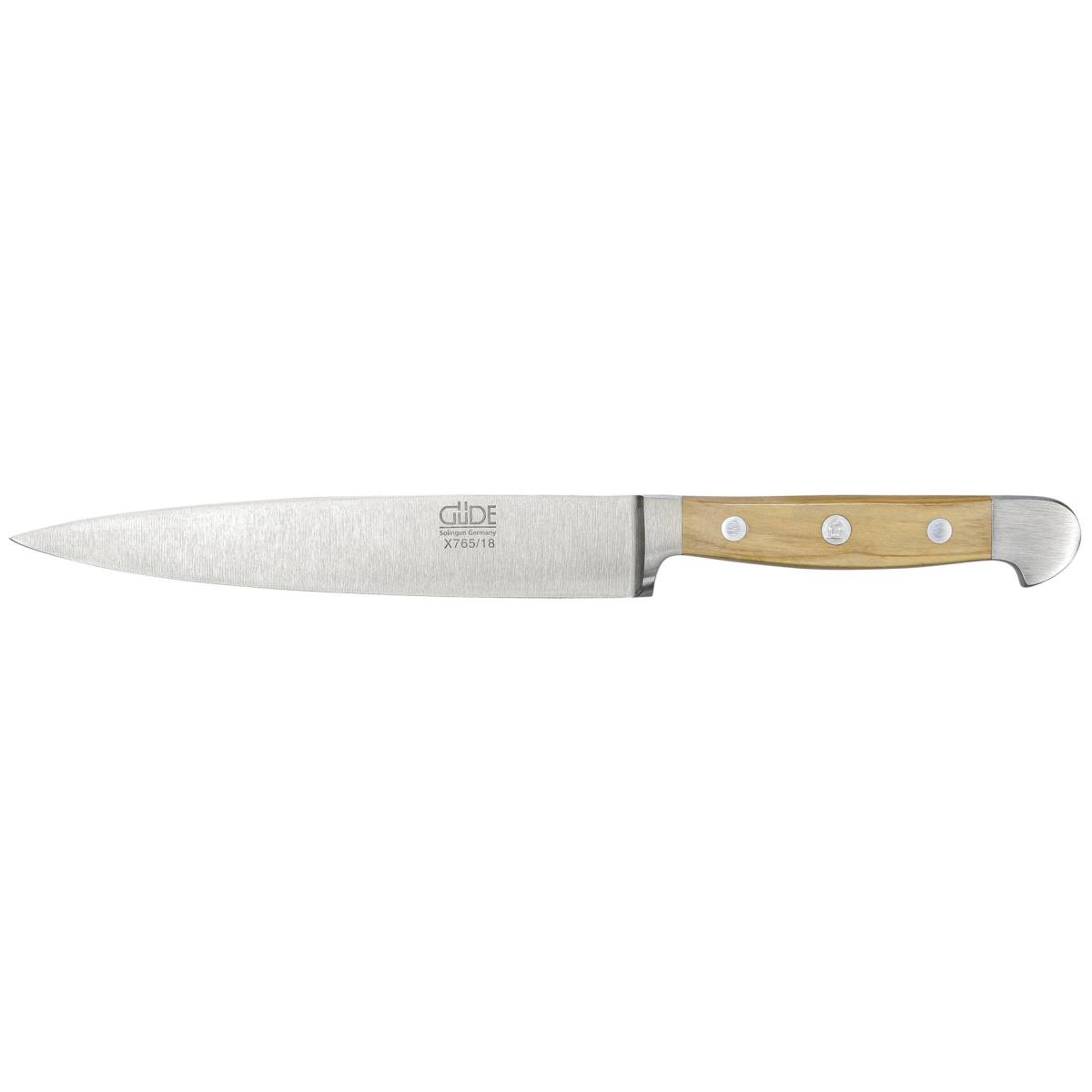 Ein Edelstahlmesser mit Holzgriff. Die Klinge ist lang und scharf, mit dem Markennamen GÜDE.