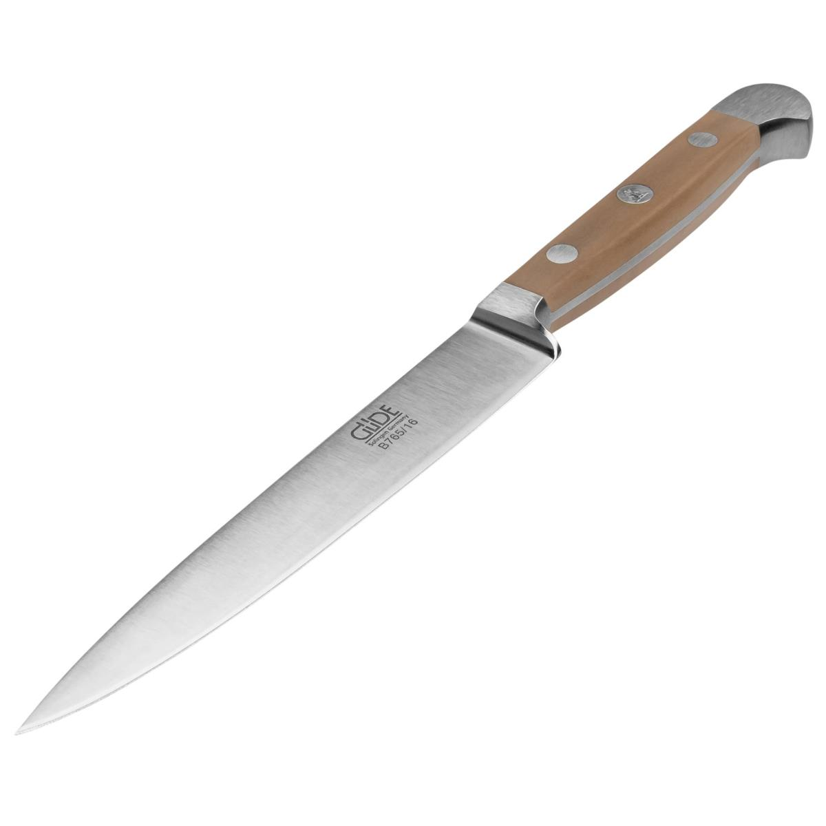 Küchenmesser mit braunem Griff. Die Klinge ist silberfarben und das Messer ist scharf.