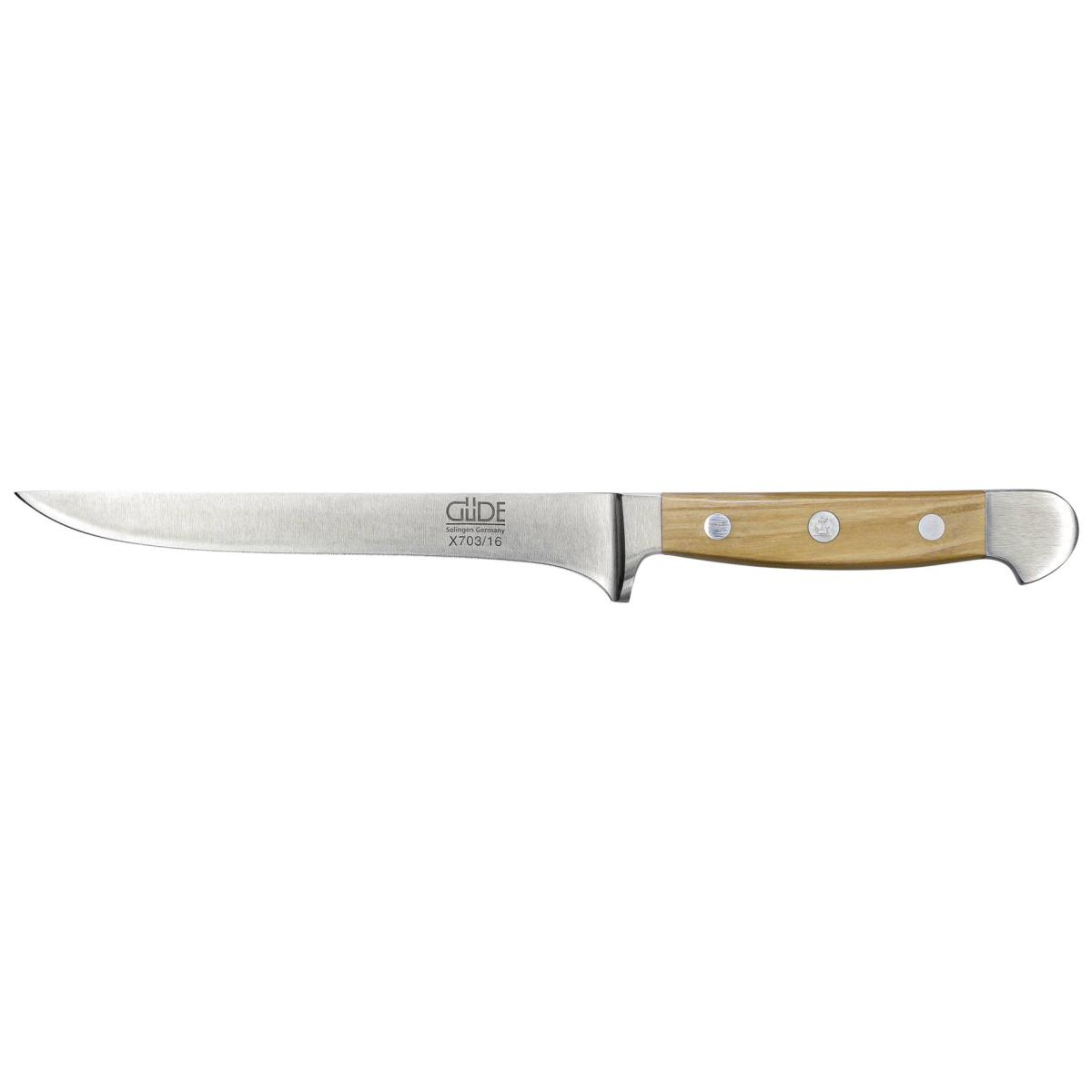 Ein Küchenmesser mit Holzgriff. Die Klinge ist silberfarben und scharf.