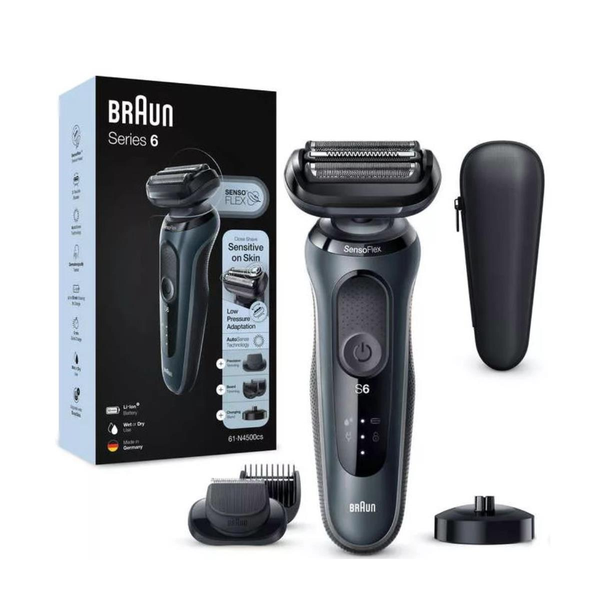 Golarka elektryczna Braun Series 6 z pudełkiem, akcesoriami i stacją ładującą.