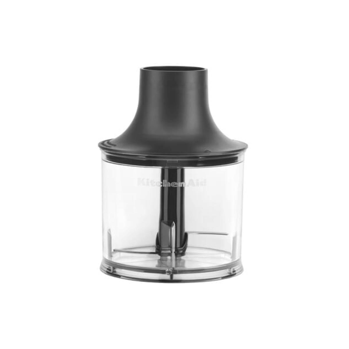 Accessorio frullatore a immersione KitchenAid, parte superiore nera, contenitore trasparente.