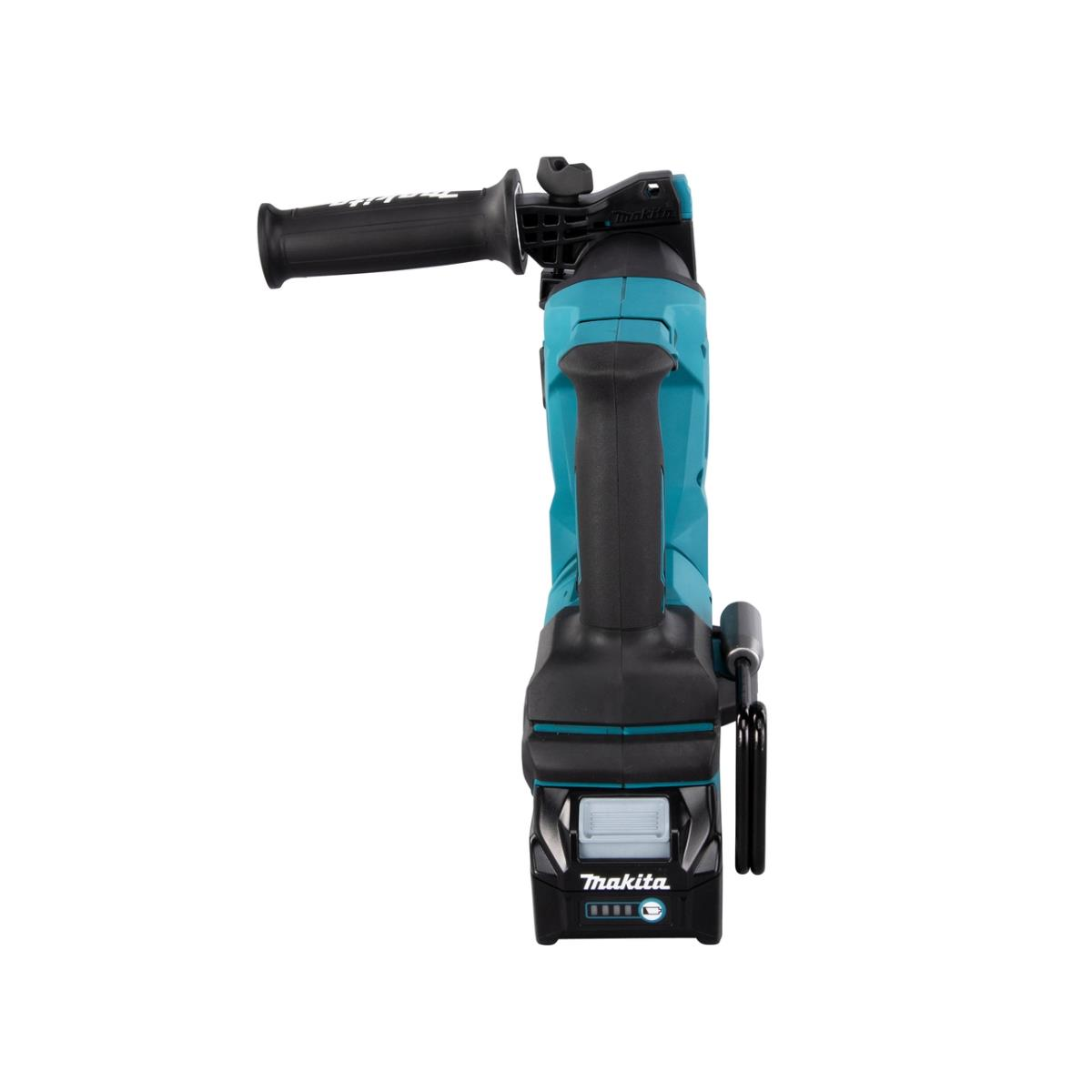 Ein türkis-schwarzer Makita-Hammerbohrer mit schwarzem Griff und Akku.