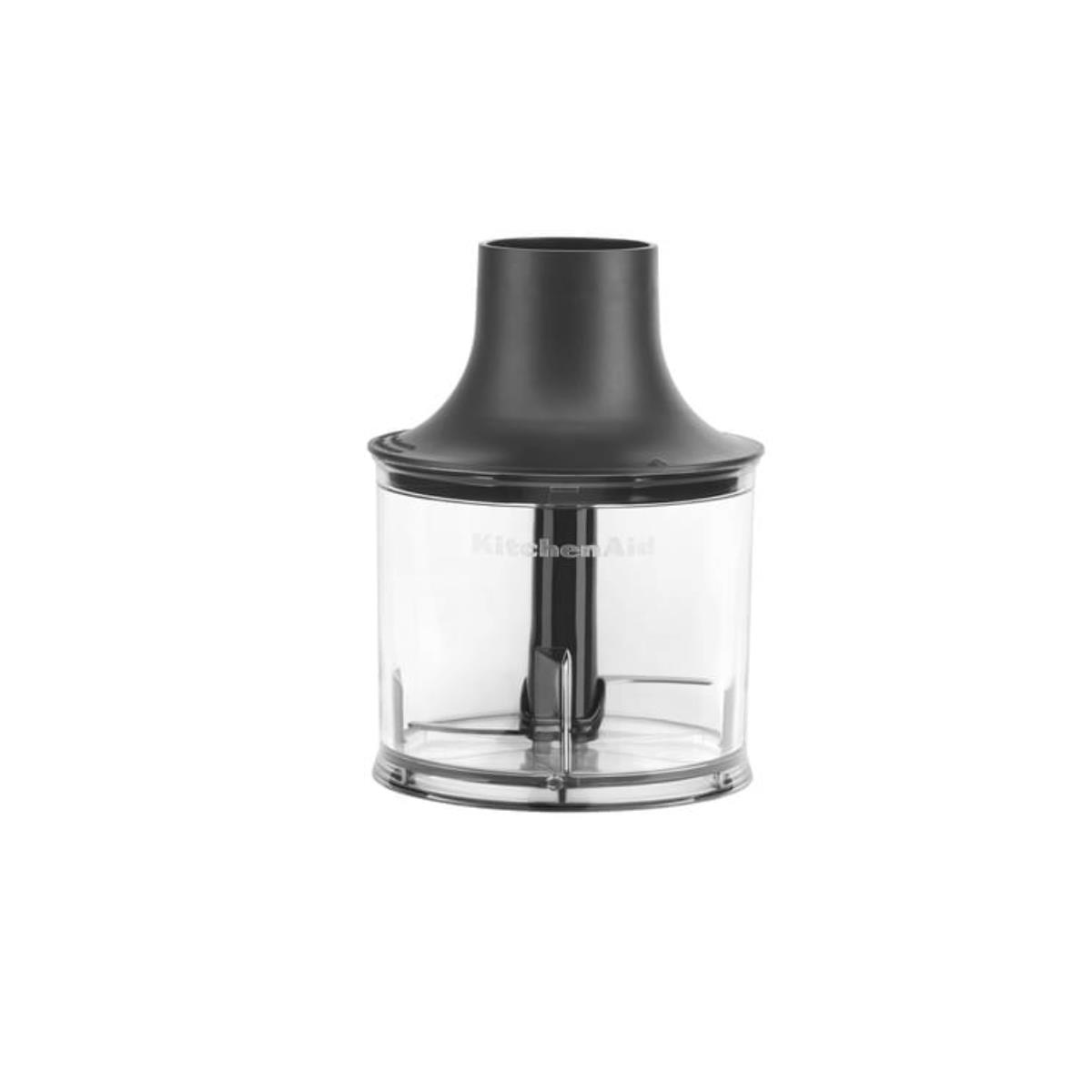 Przezroczysty dzbanek blendera KitchenAid z czarną pokrywką i ostrzem.