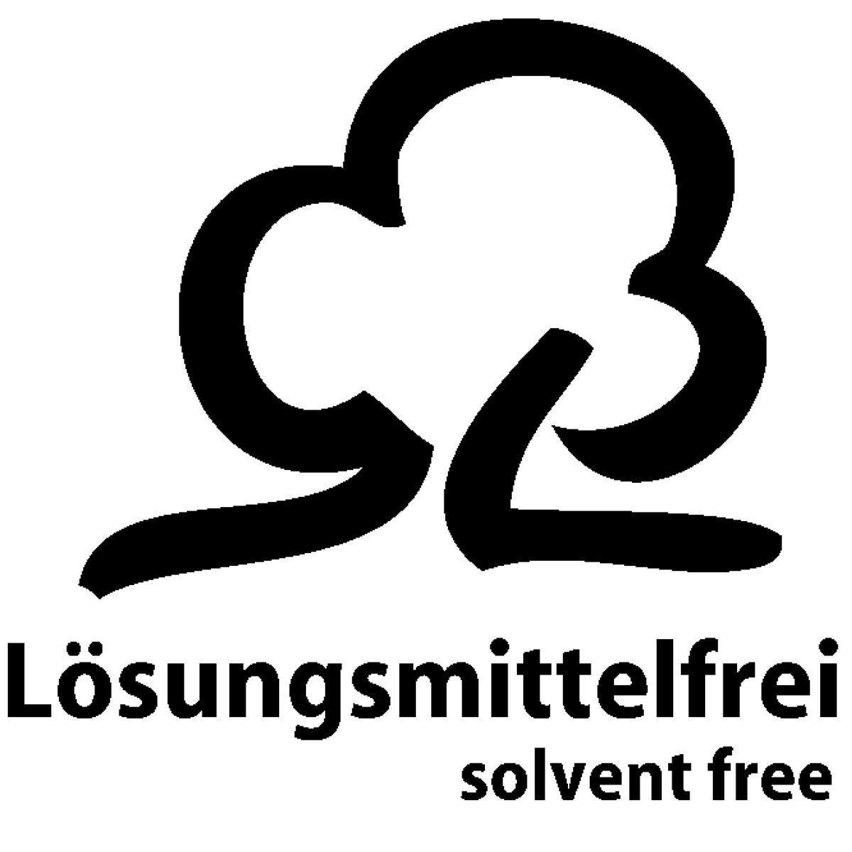 Ein schwarz-weißes Symbol mit der Aufschrift 'Lösungsmittelfrei' und 'solvent free'. Das Bild ist eine Baumform.