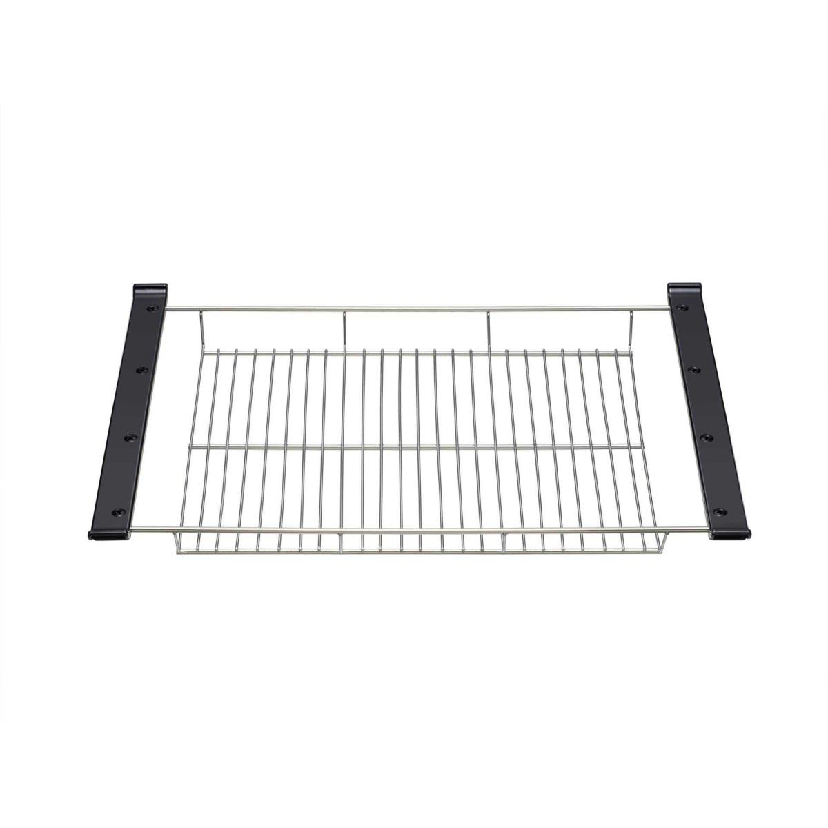 Metalowy ociekacz do naczyń z czarnymi podporami bocznymi, na białym tle.