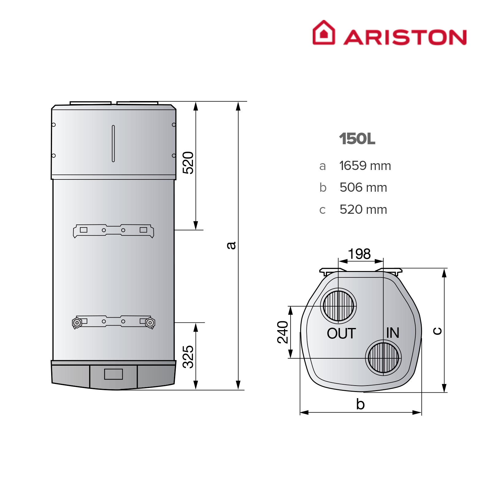 Un diagrama técnico de un calentador de agua Ariston blanco con dimensiones.