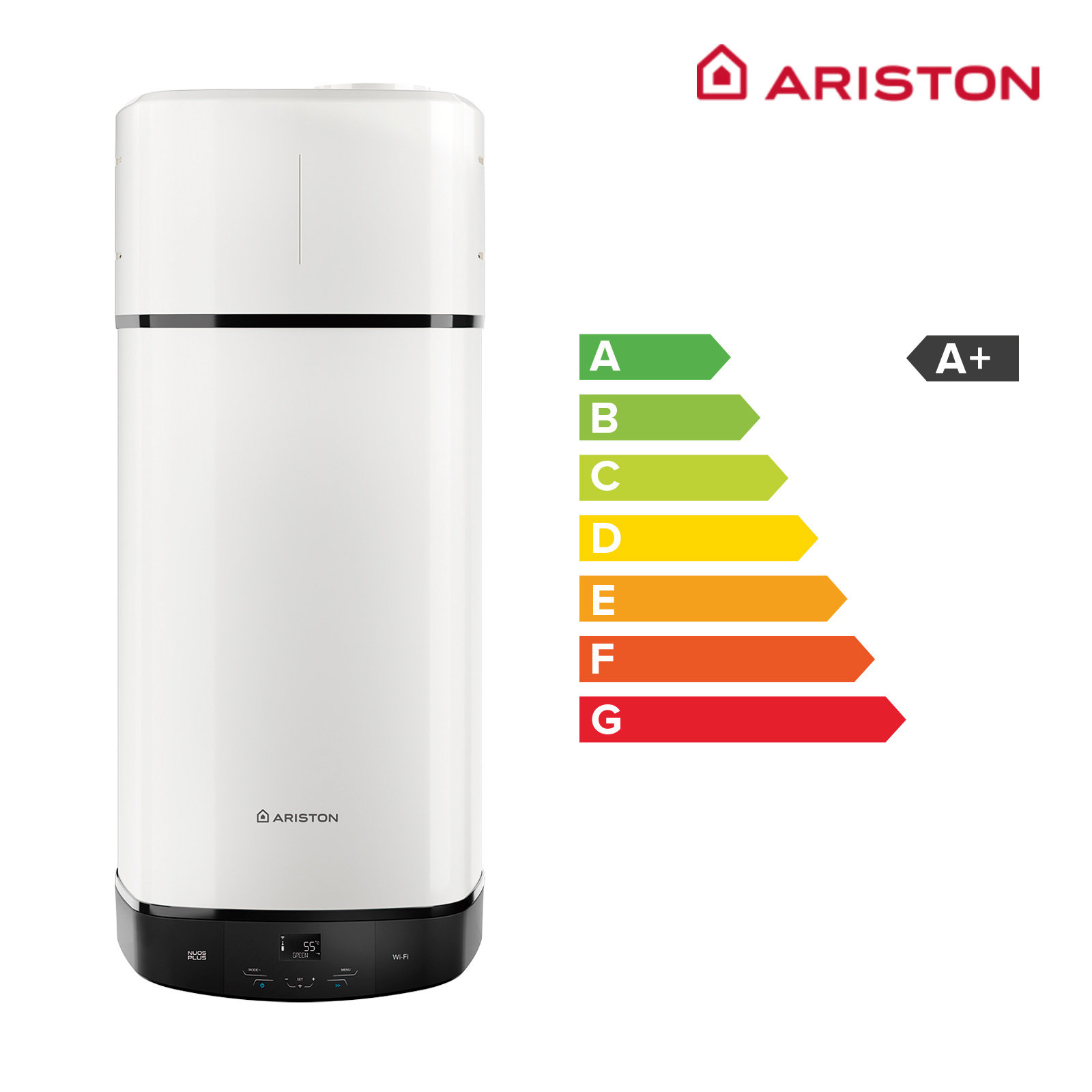 Calentador de agua Ariston blanco con etiqueta energética y pantalla. Etiqueta muestra A+ eficiencia.