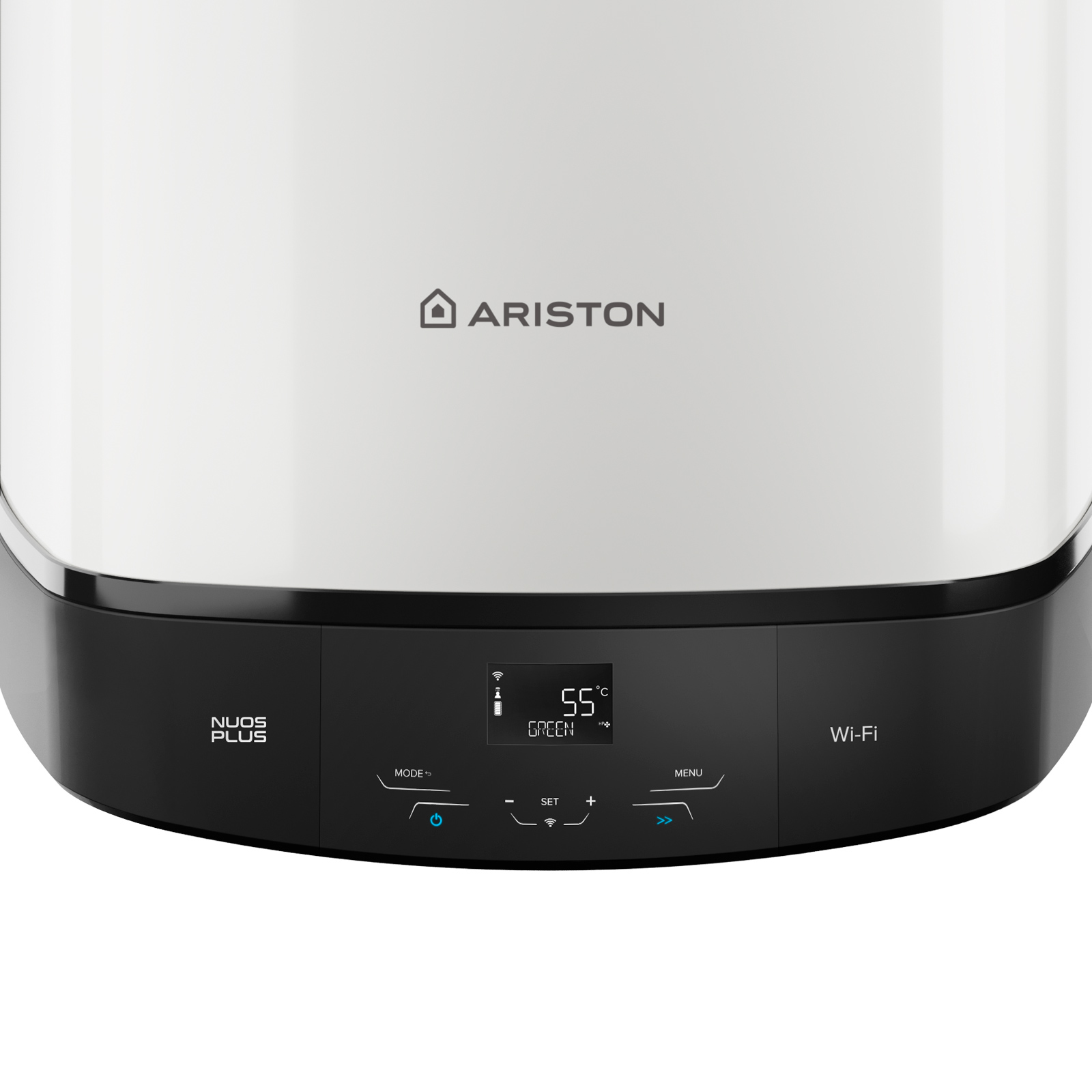 Frente de calentador de agua blanco y negro, mostrando el logotipo de Ariston y una pantalla.