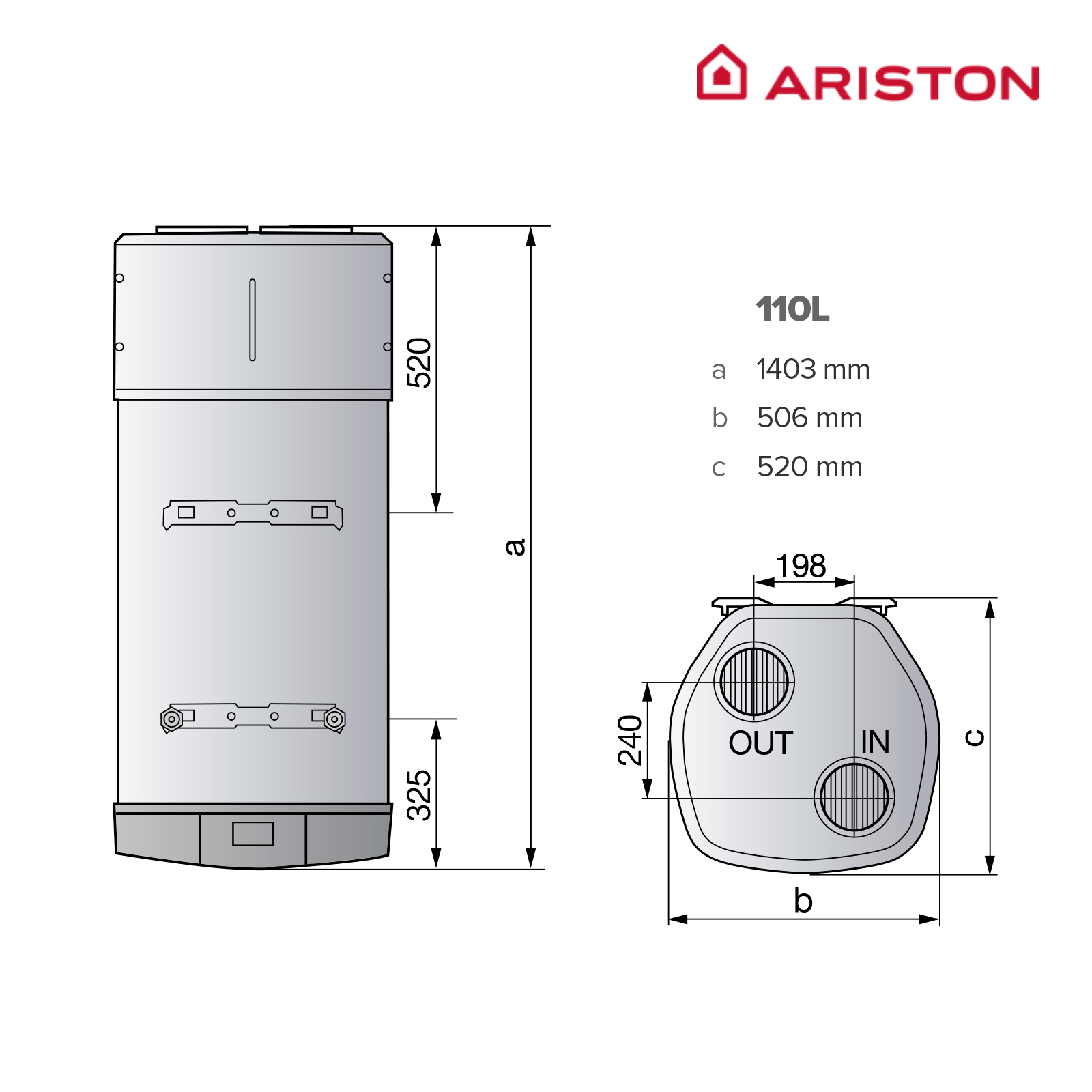 Diagrama de un calentador de agua Ariston 110L, que muestra las dimensiones y la ubicación de las entradas.