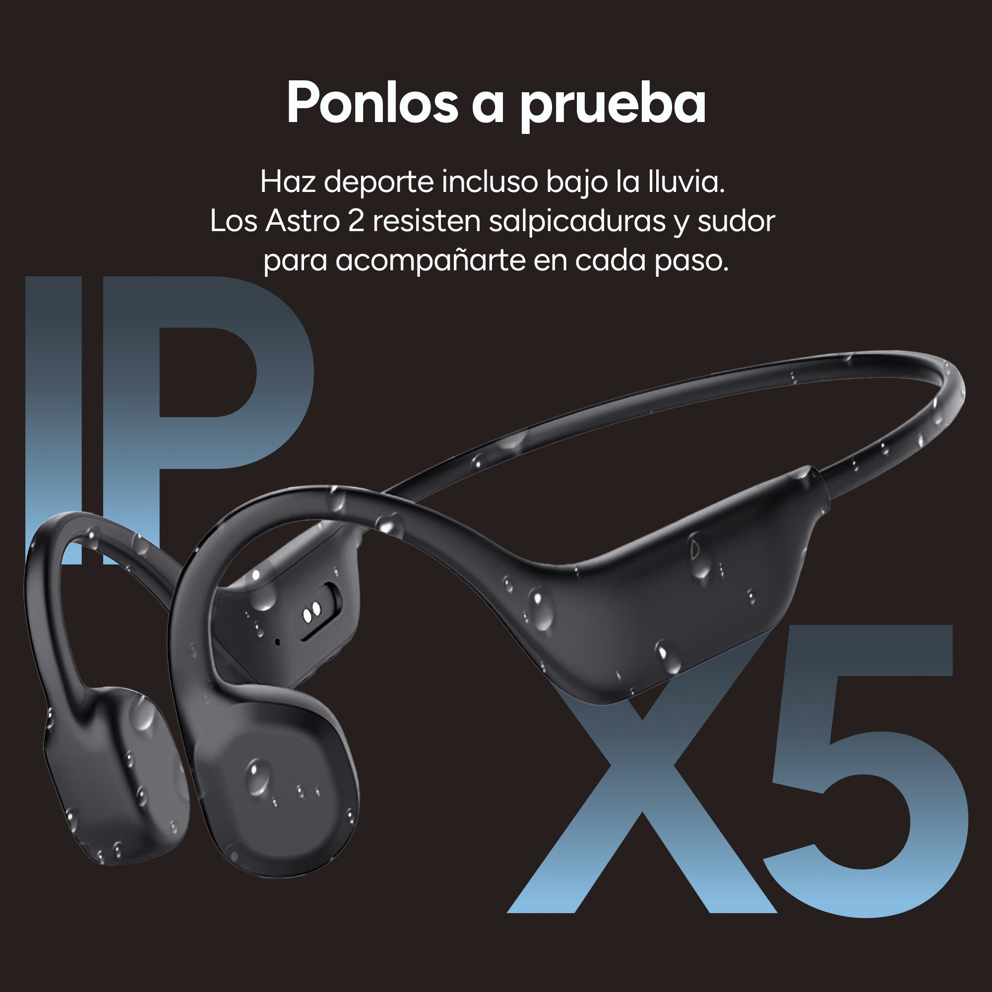 Cuffie wireless nere con goccioline d'acqua. Testo in spagnolo sull'immagine.