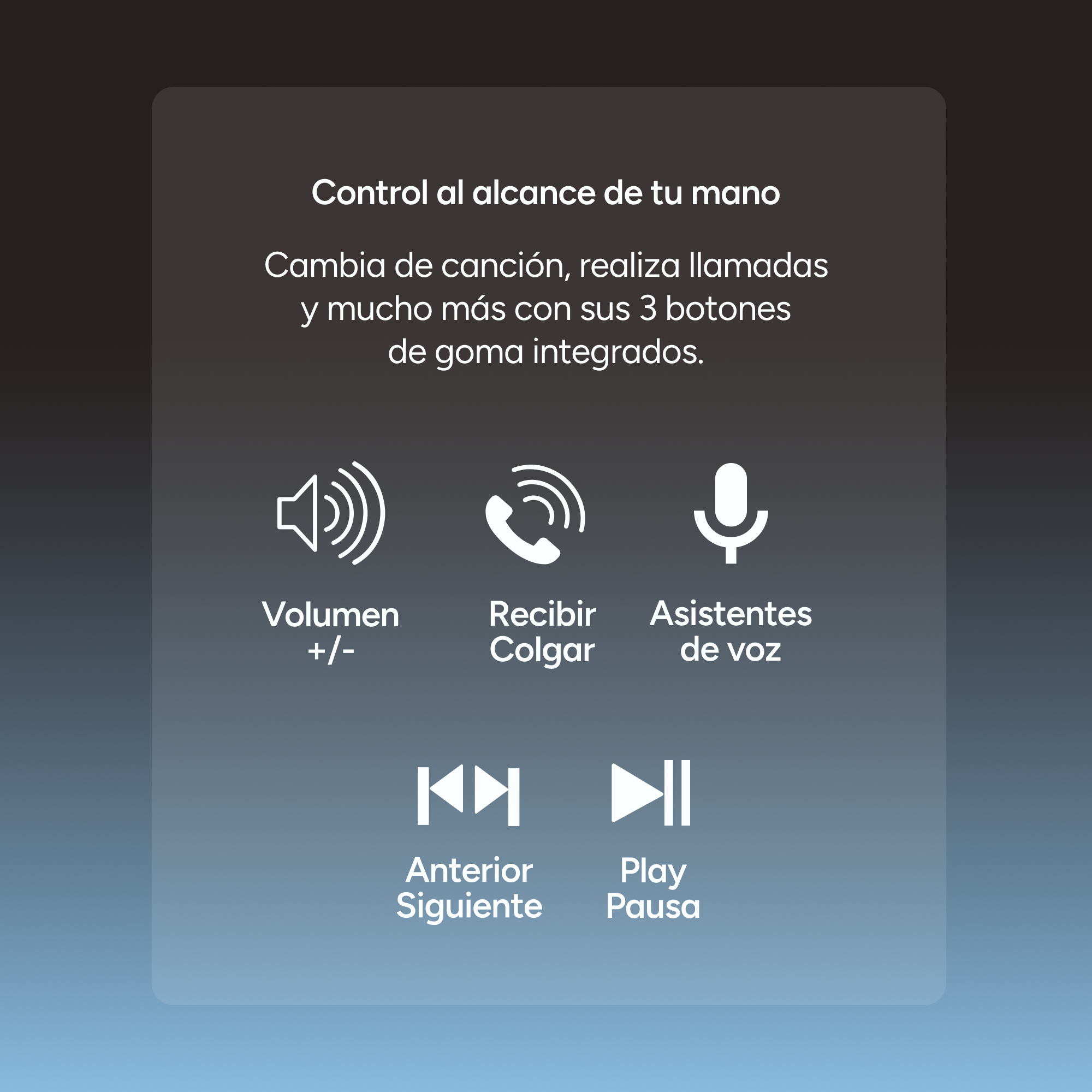 Pulsanti di controllo per auricolari con icone: Volume, Chiamata, Assistenti vocali, Precedente, Riproduci/Pausa.