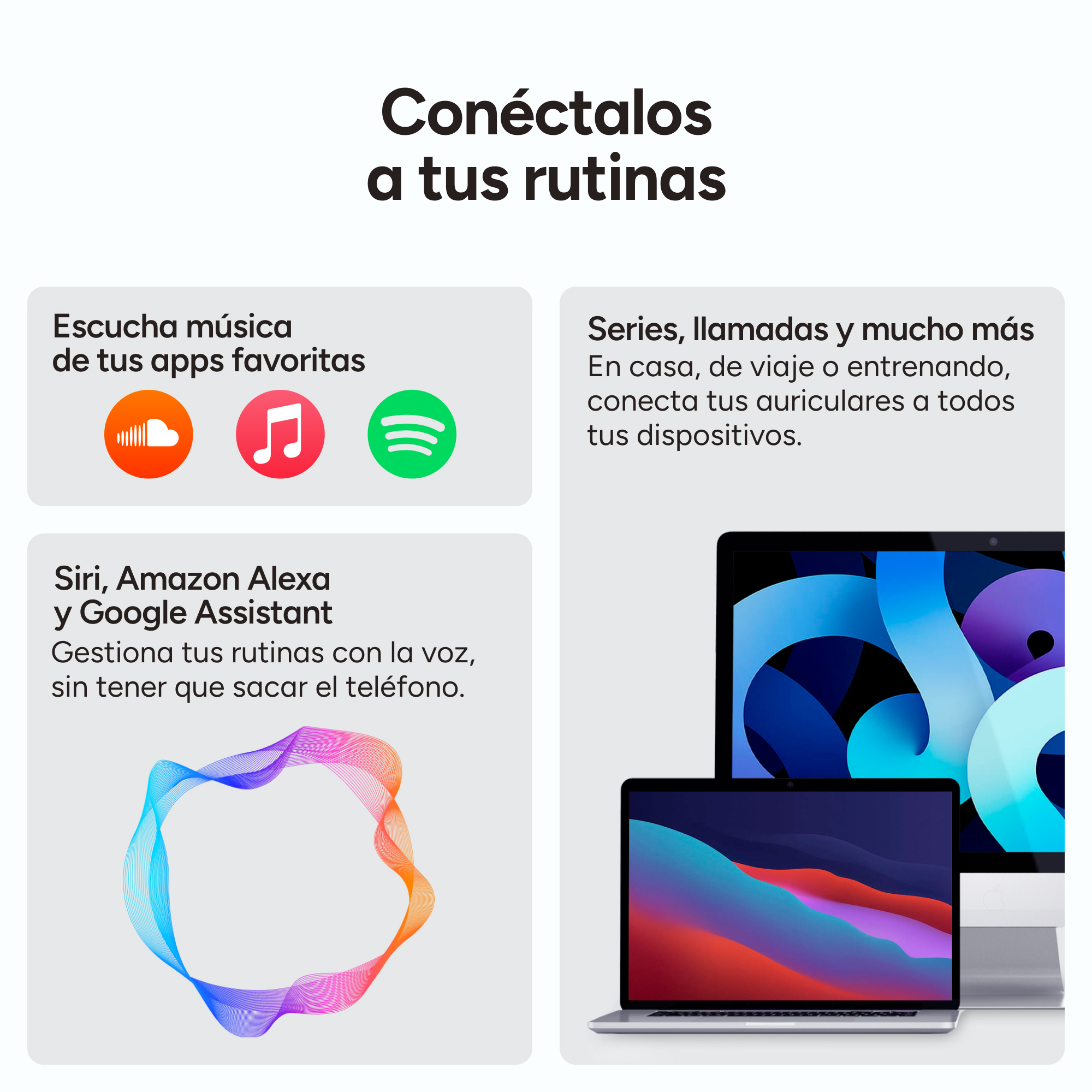 Infografica che mostra le icone delle app musicali, Siri e un laptop, con testo sulle routine.