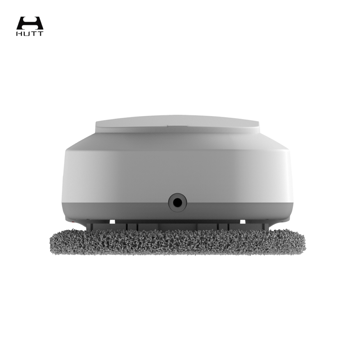 Nettoyeur de vitres robot sur fond blanc. Il a un tampon de nettoyage gris et le logo HUTT.