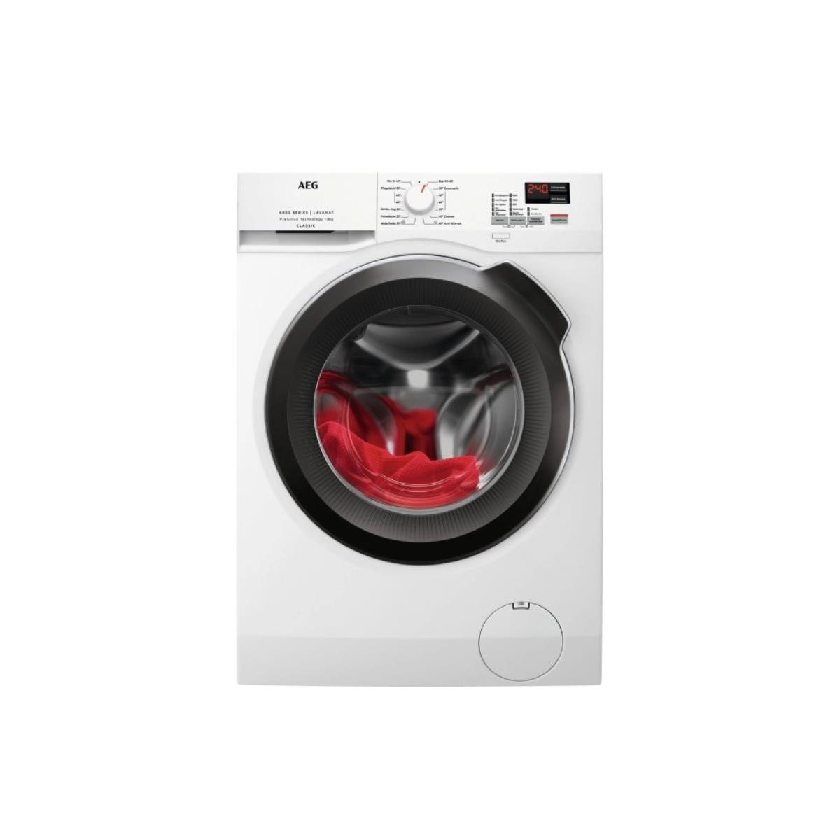 Weiße Waschmaschine mit roter Kleidung darin. Digitalanzeige und Bedienelemente sichtbar.