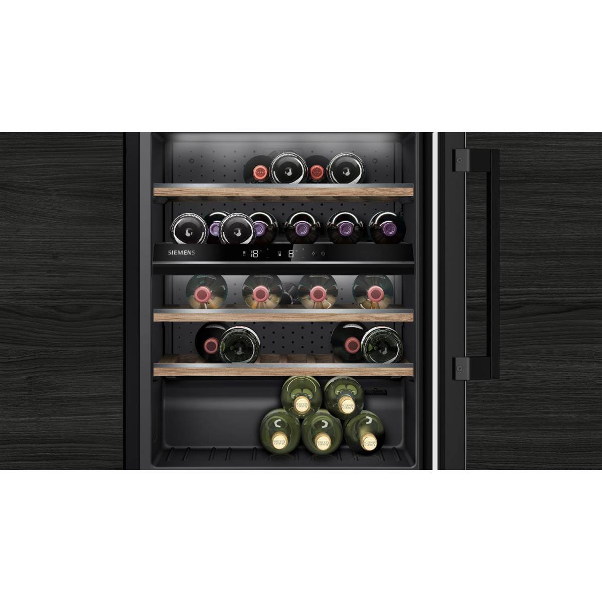 A wine cooler with bottles of wine. The cooler has wooden shelves and a dark handle.