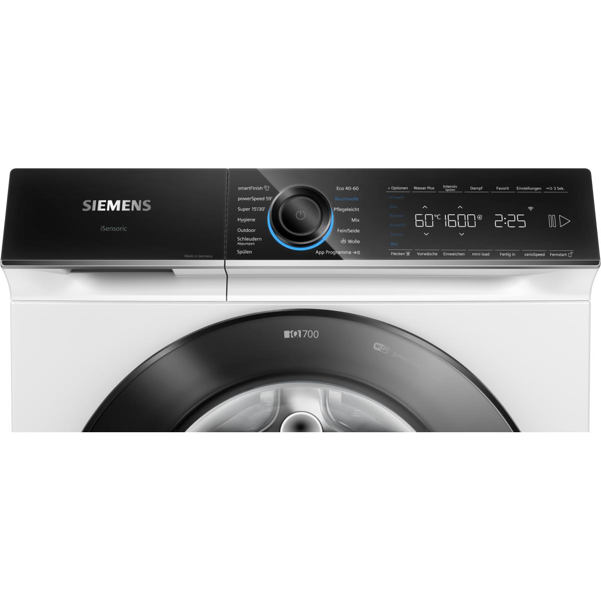 Siemens Waschmaschinen-Bedienfeld. Schwarz-Weiß, mit digitaler Anzeige.
