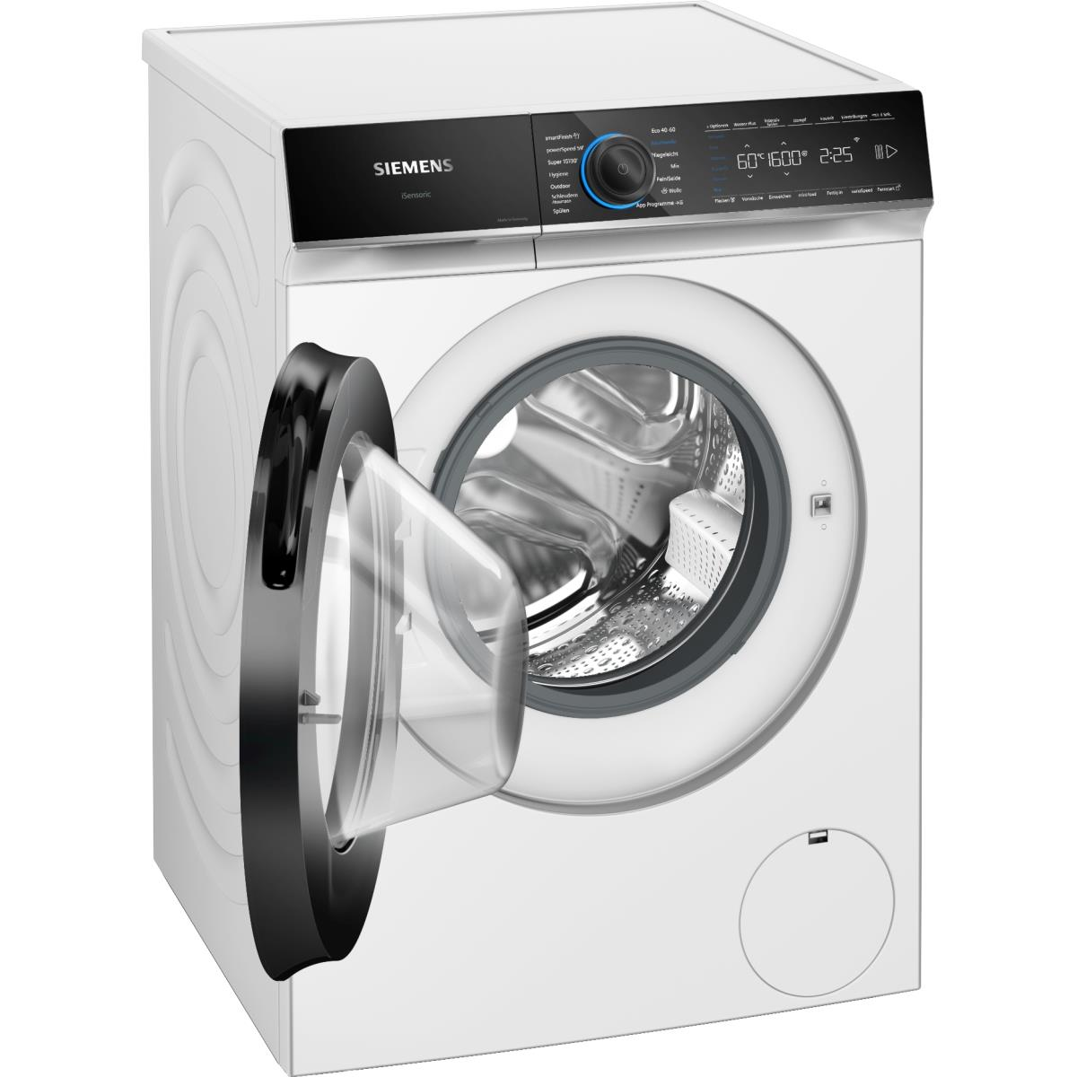 Weiße Siemens iQ500 Waschmaschine mit offener Tür, Bedienfeld leuchtet.