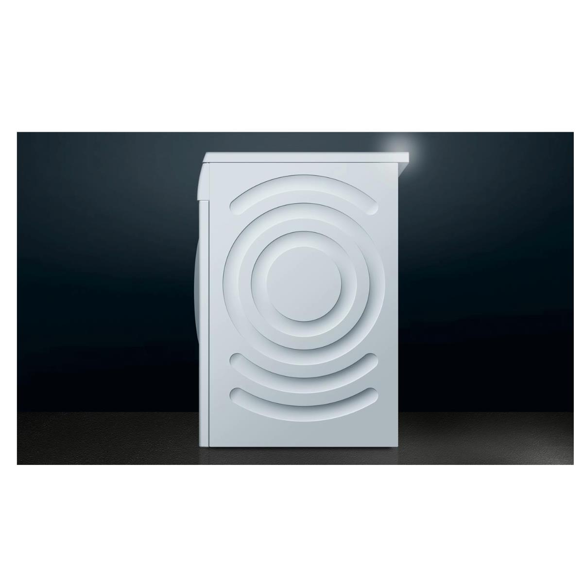 Biała pralka, widok z boku. Przód ma koncentryczne okręgi jako elementy projektu.