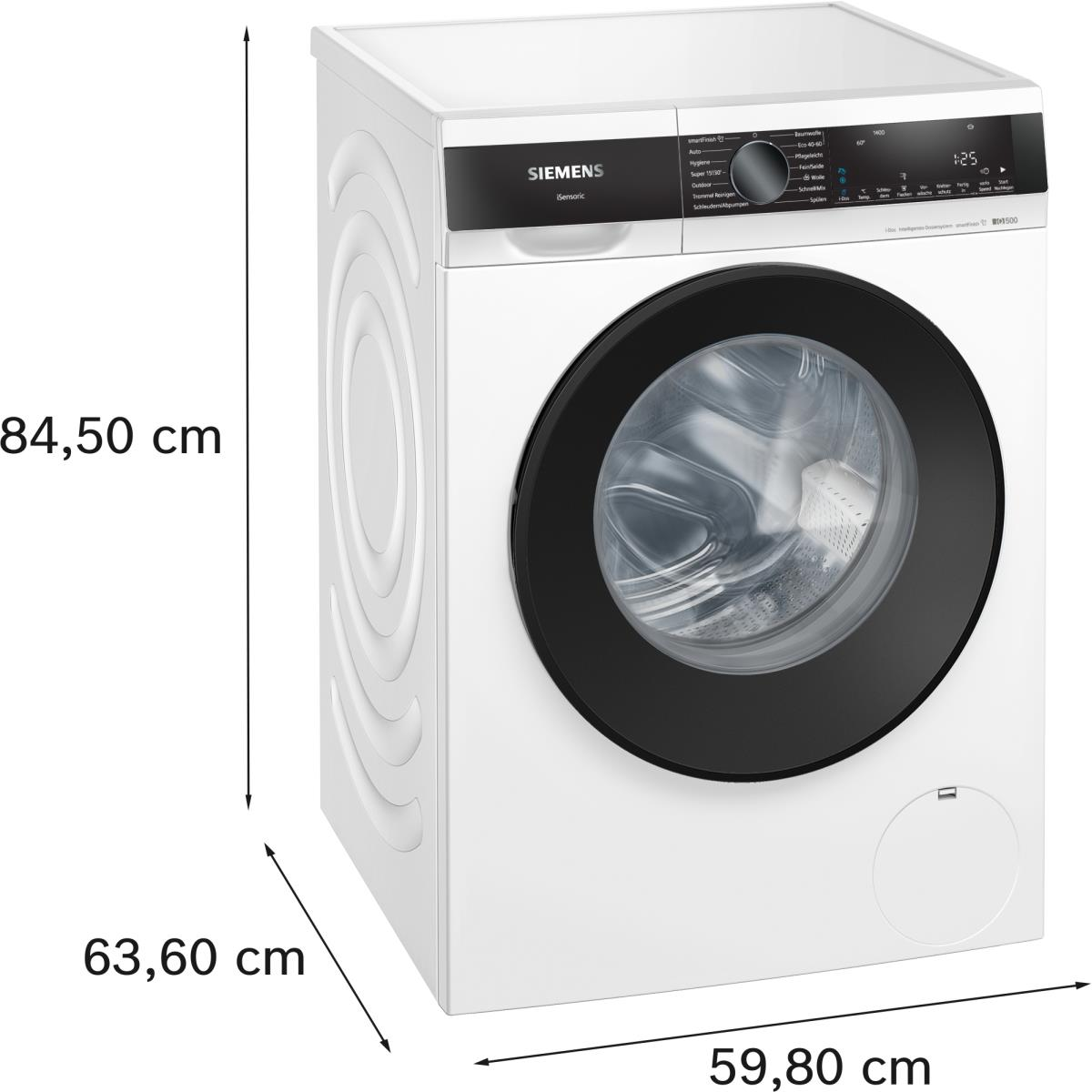 Weiße Siemens Waschmaschine mit Maßen und schwarzer Tür.