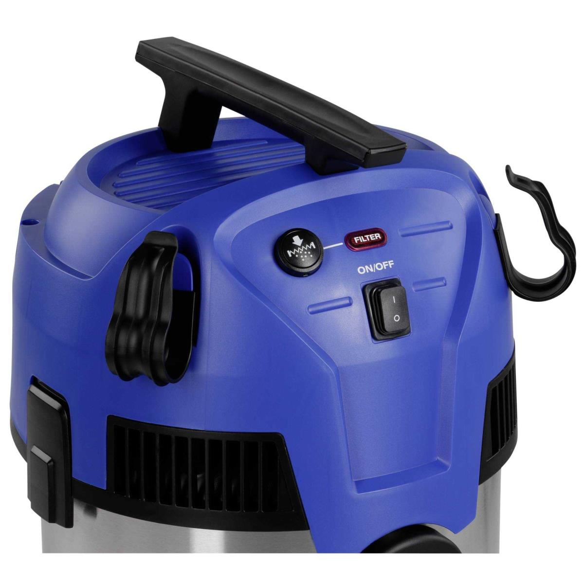 Blau-silberner Staubsauger, mit Griff, Ein-/Ausschalter und Filteranzeige.