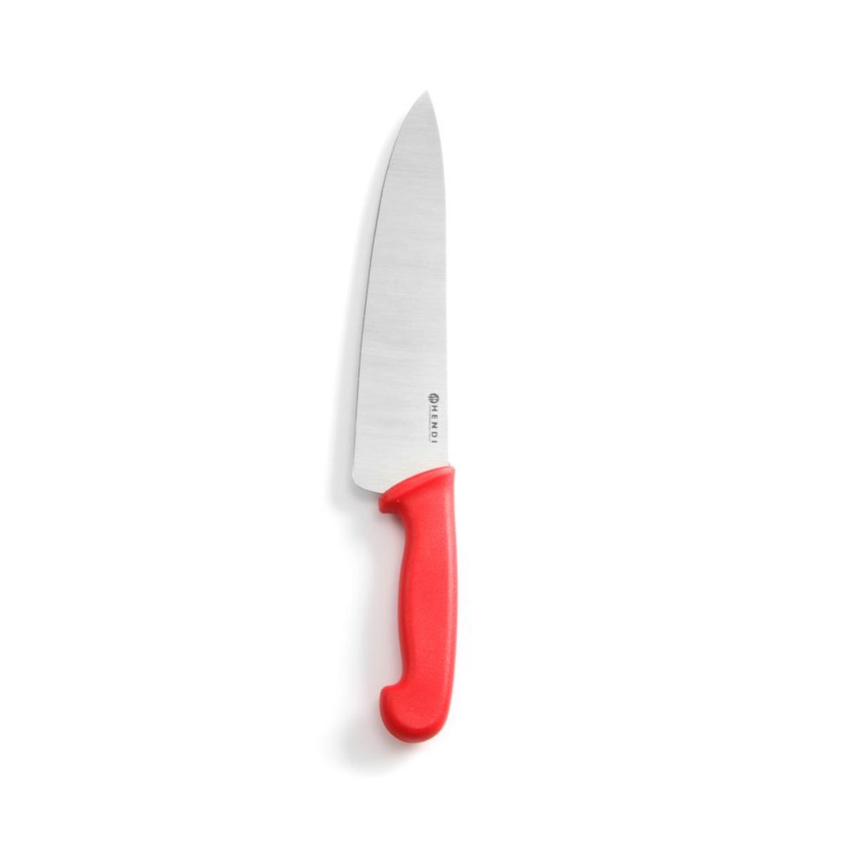 Ein Messer aus Edelstahl mit rotem Griff auf weißem Hintergrund. Die Klinge ist spitz.