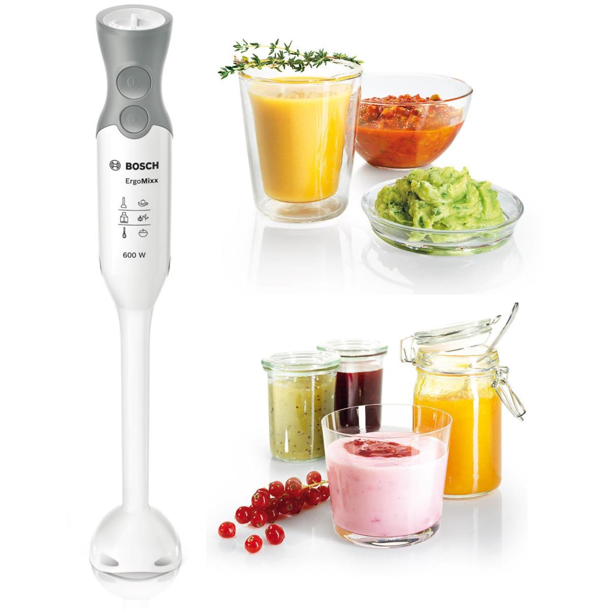 Biały blender ręczny Bosch ErgoMixx z jedzeniem w szklankach i miskach.