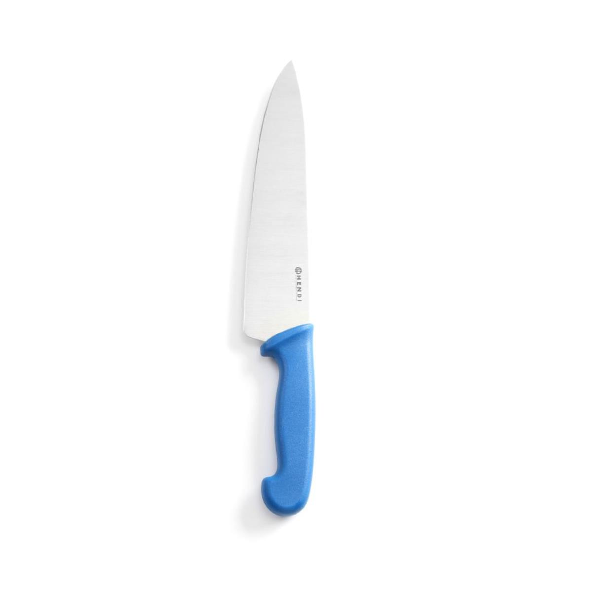 Ein langes Messer mit blauem Griff auf weißem Hintergrund.