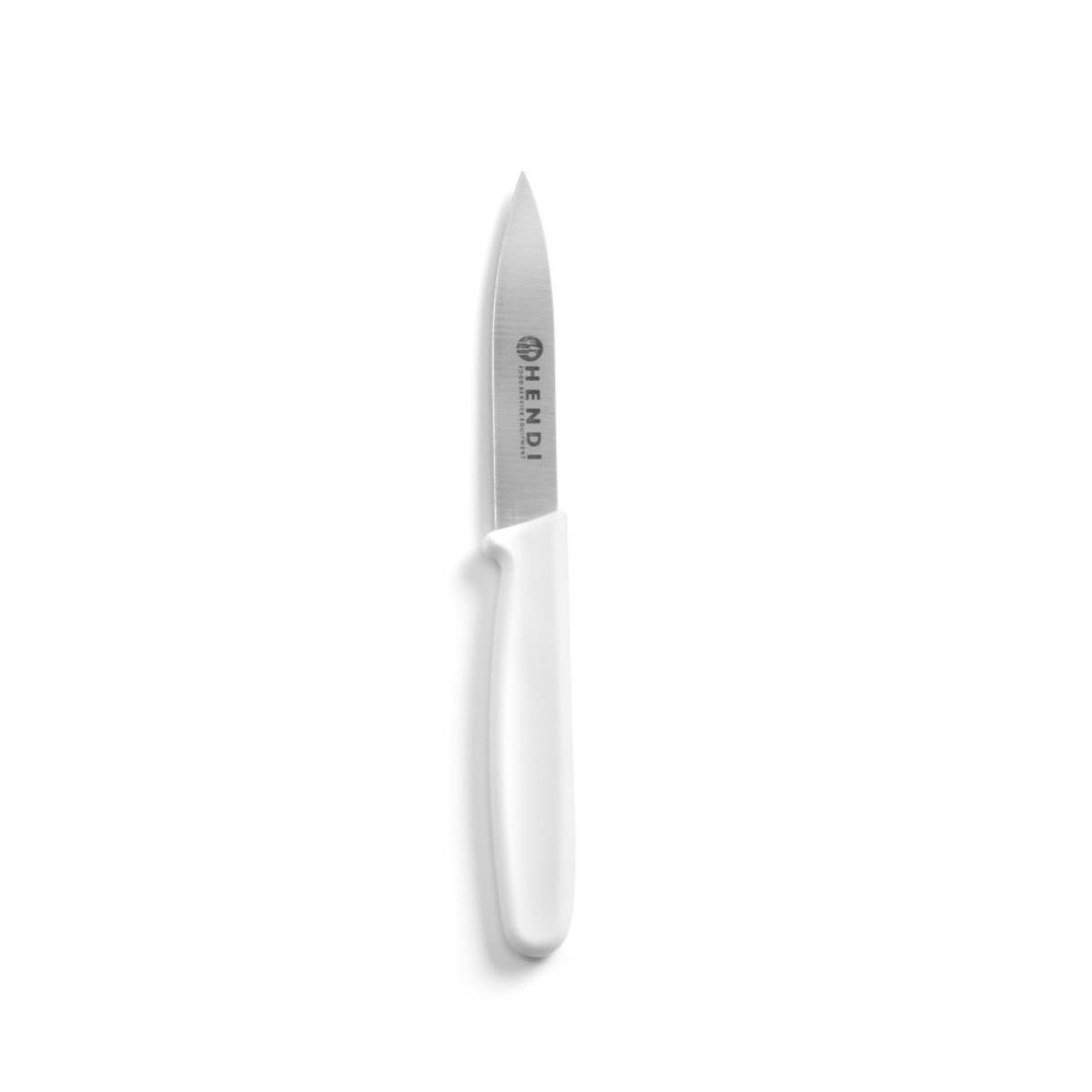 Ein kleines Messer mit weißem Griff auf weißem Hintergrund. Die Klinge ist kurz.