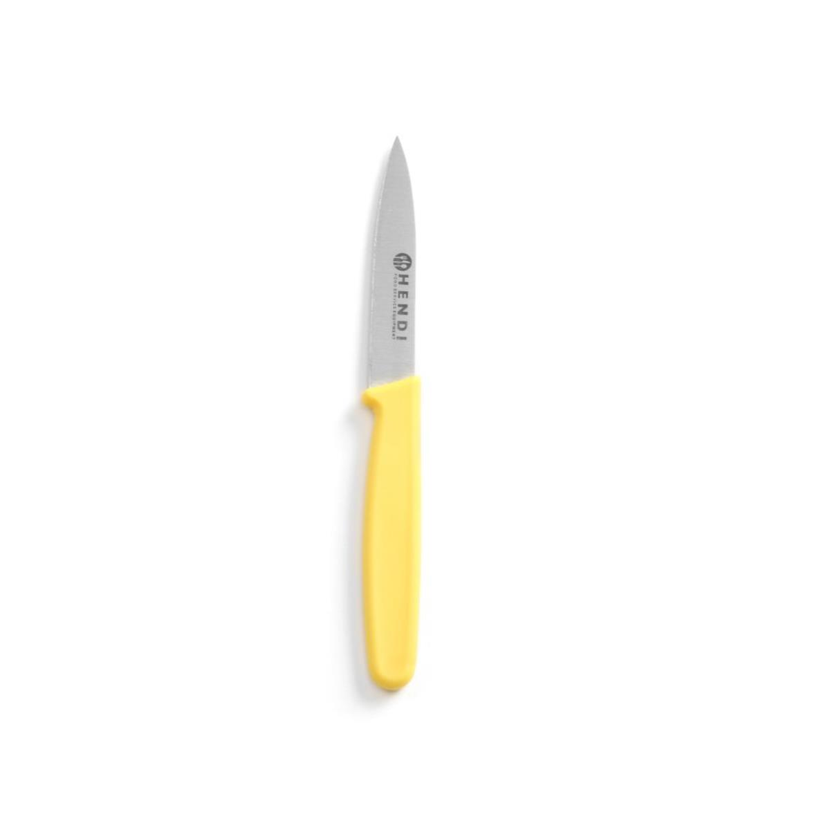 Kleines Schälmesser mit gelbem Griff und silberner Klinge.