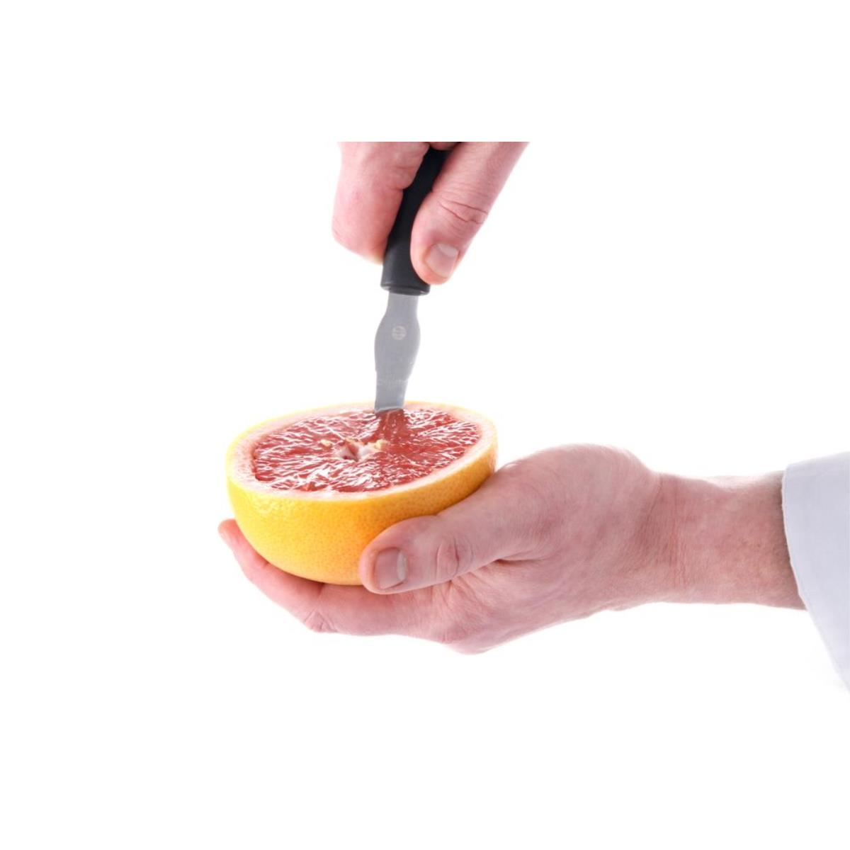 Eine Person schneidet eine Grapefruit mit einem Messer. Die Grapefruit liegt auf weißem Untergrund.