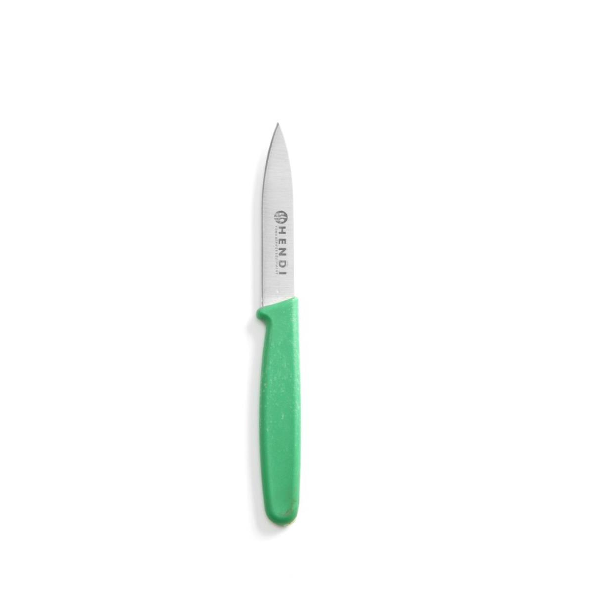 Ein kleines Messer mit grünem Griff auf weißem Hintergrund.