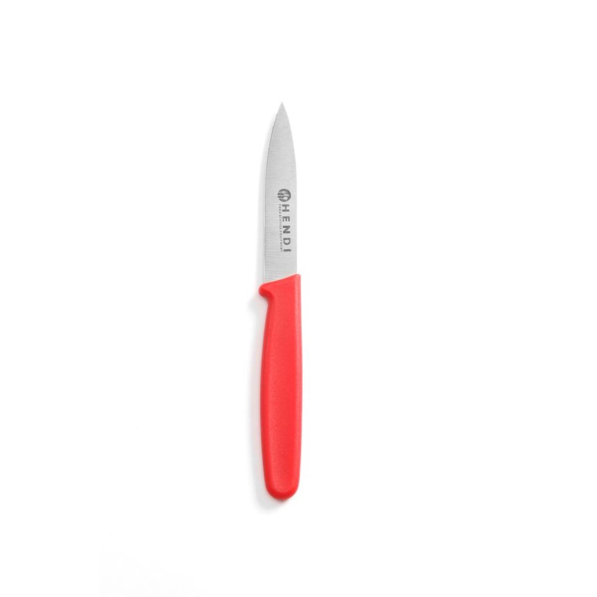 Ein kleines Messer mit rotem Griff auf weißem Hintergrund, nach oben zeigend.