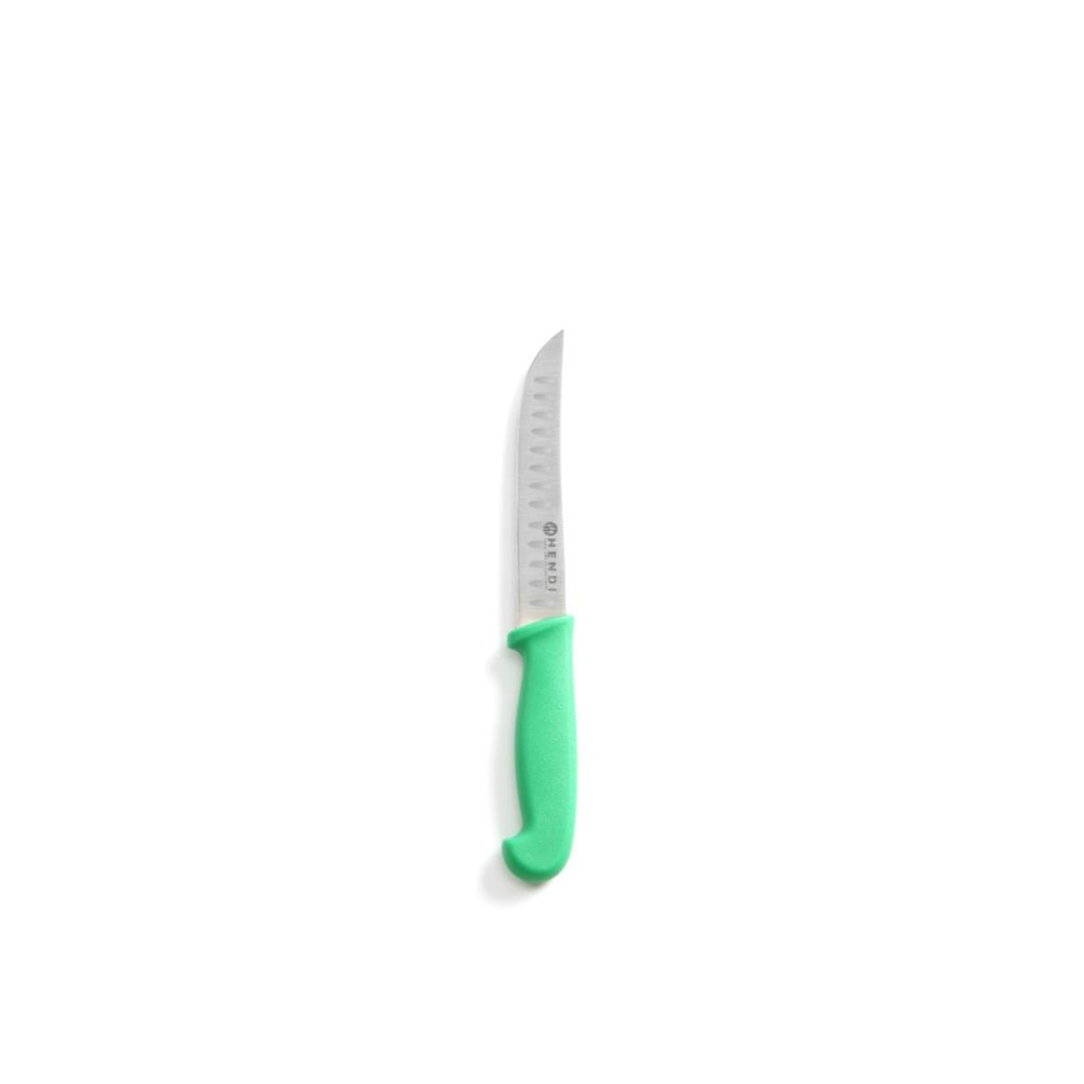 Ein Messer mit grünem Griff auf weißem Hintergrund. Die Klinge ist gezahnt.
