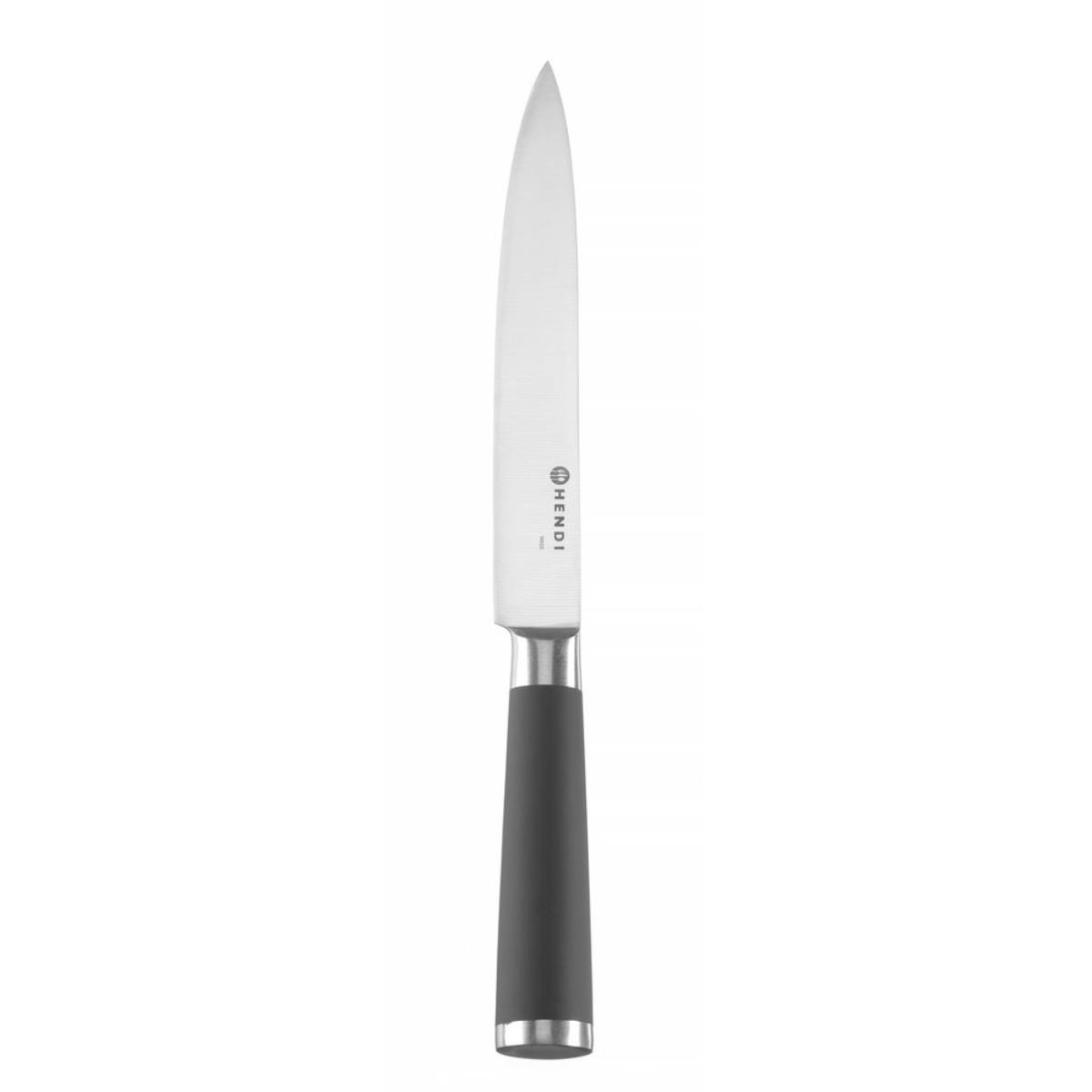 Silbernes und schwarzes Hendi-Messer mit spitzer Klinge und schwarzem Griff. Weißer Hintergrund.