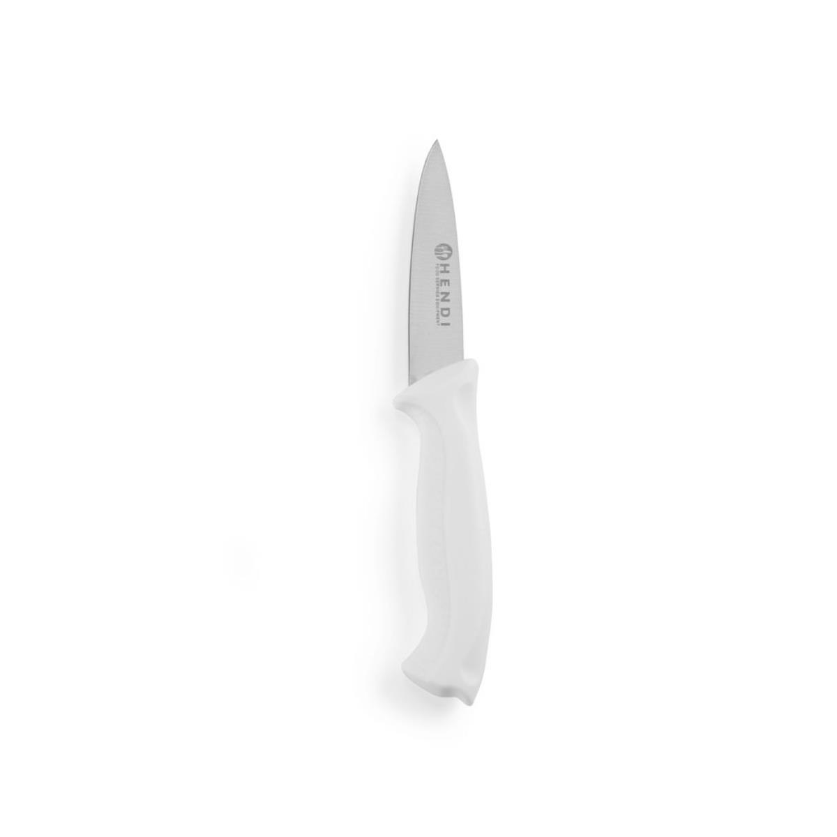 Ein weißes Messer mit dem Wort 'Hendi' auf der Klinge. Weißer Hintergrund.