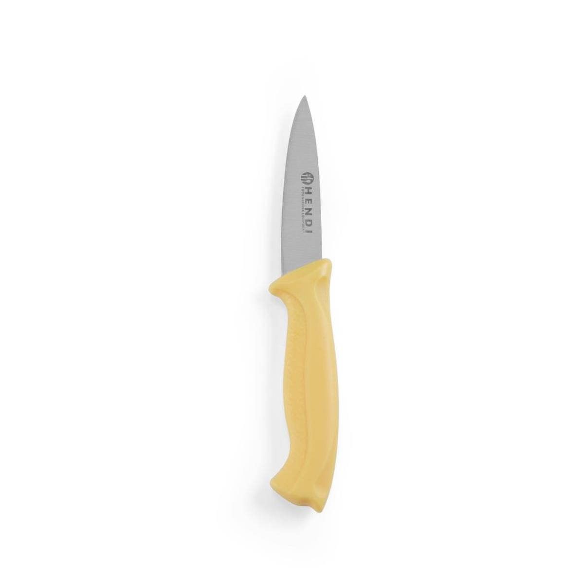 Gelbgriff-Schälmesser auf weißer Oberfläche. Das Messer hat eine silberne Klinge und schwarzen Text.