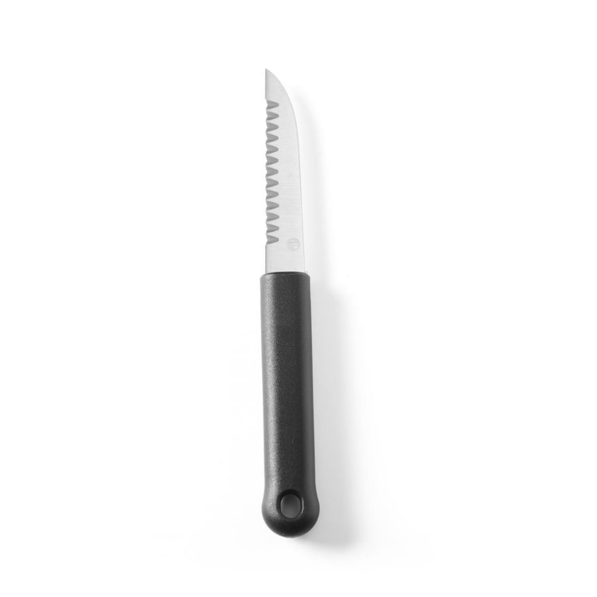 Schwarzes Schälmesser mit gezahntem Rand, auf weißem Hintergrund. Nahaufnahme.