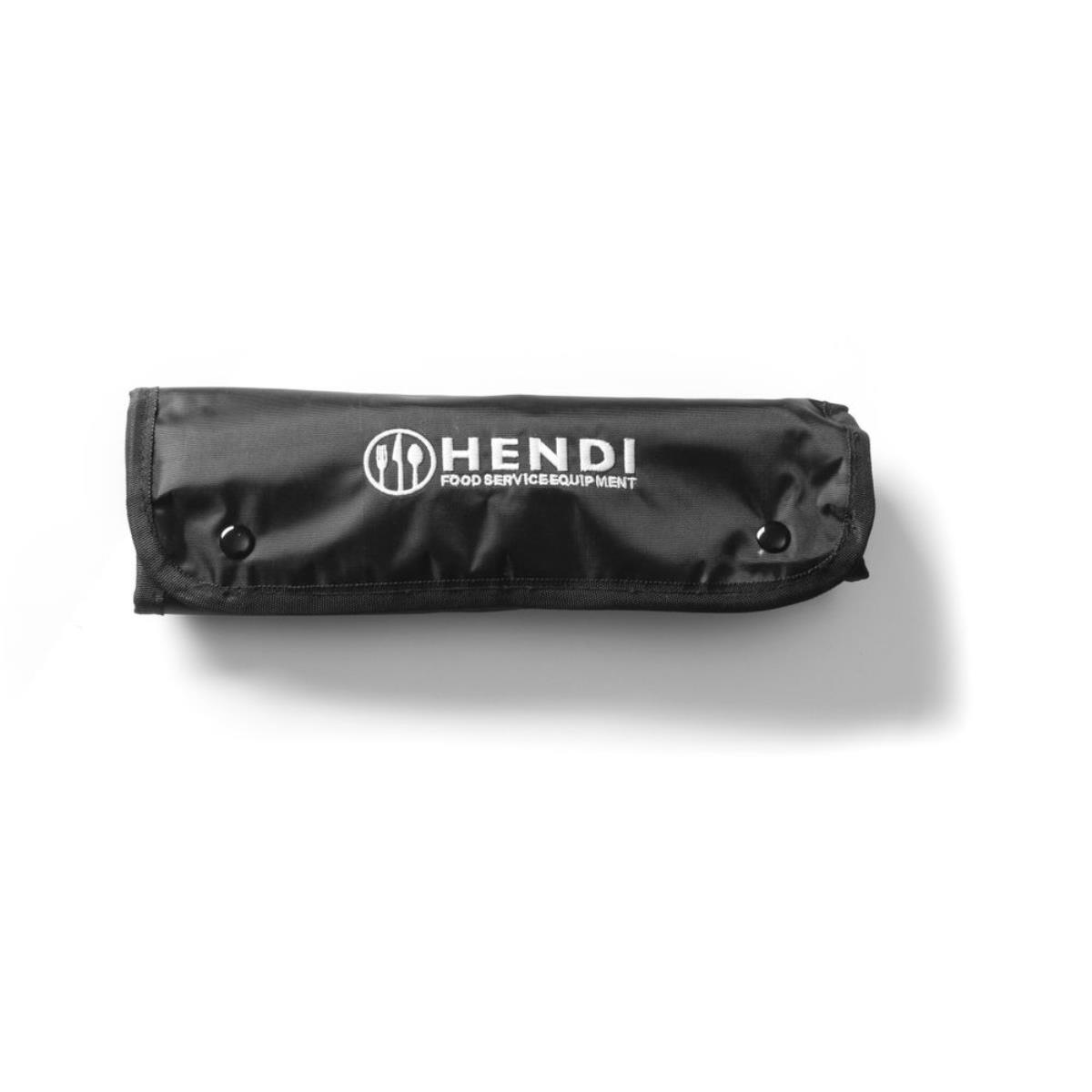 Eine schwarze Hendi-Messertasche, geschlossen, auf weißem Hintergrund. Zwei Druckknöpfe sichtbar.