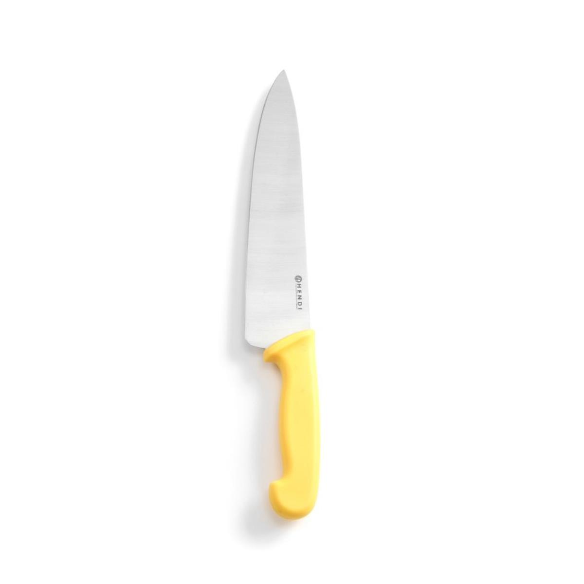 Gelbes Kochmesser mit silberner Klinge, weißer Hintergrund. Sauber, isoliert.